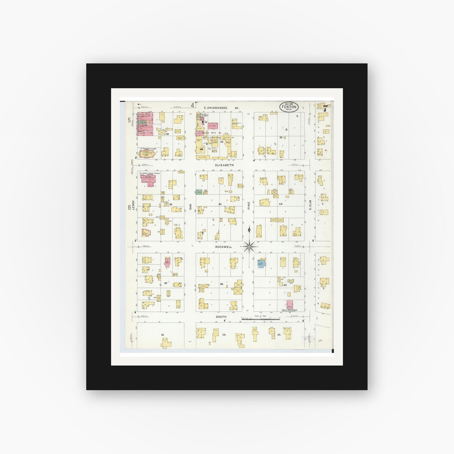 Old map wall art mockup — black gallery frame with white mat — Sanborn Fire Insurance Map from Fenton, Genesee County, Michigan (1908), Sheet #0007