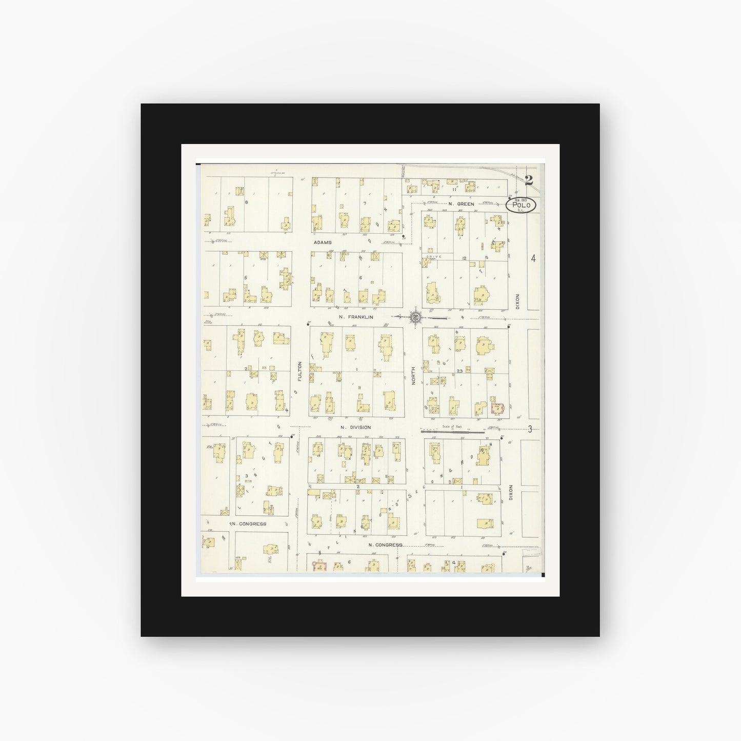 Old map wall art mockup — black gallery frame with white mat — Sanborn Fire Insurance Map from Polo, Ogle County, Illinois (1913), Sheet #0002