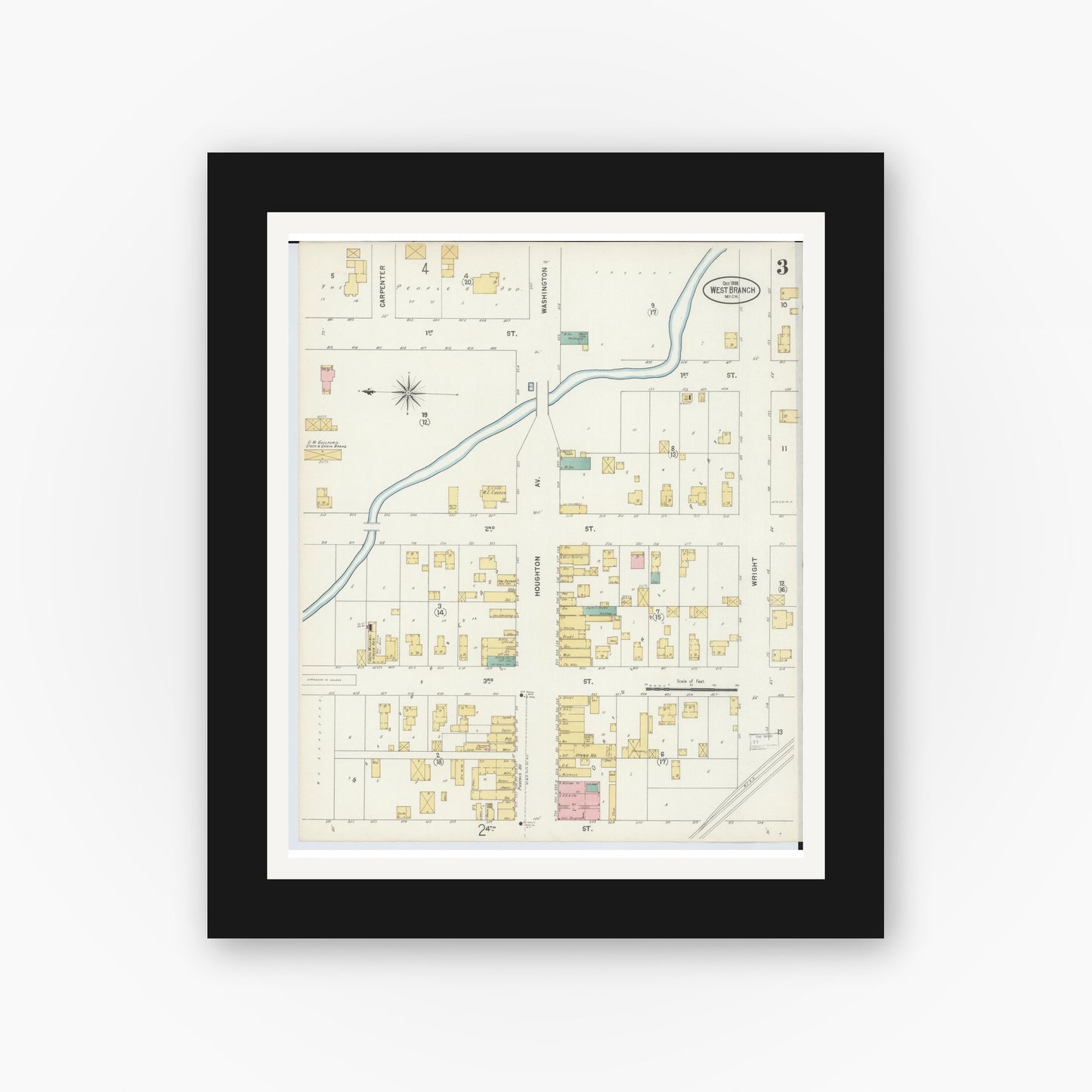 Old map wall art mockup — black gallery frame with white mat — Sanborn Fire Insurance Map from West Branch, Ogemaw County, Michigan (1898), Sheet #0003