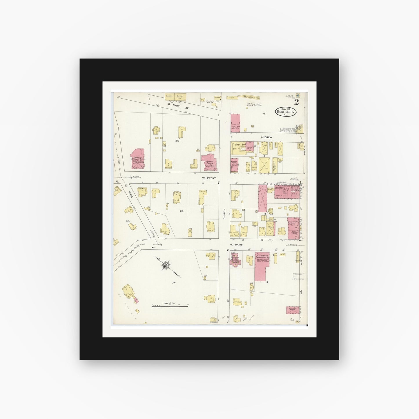 Old map wall art mockup — black gallery frame with white mat — Sanborn Fire Insurance Map from Burlington, Alamance County, North Carolina (1913), Sheet #0002