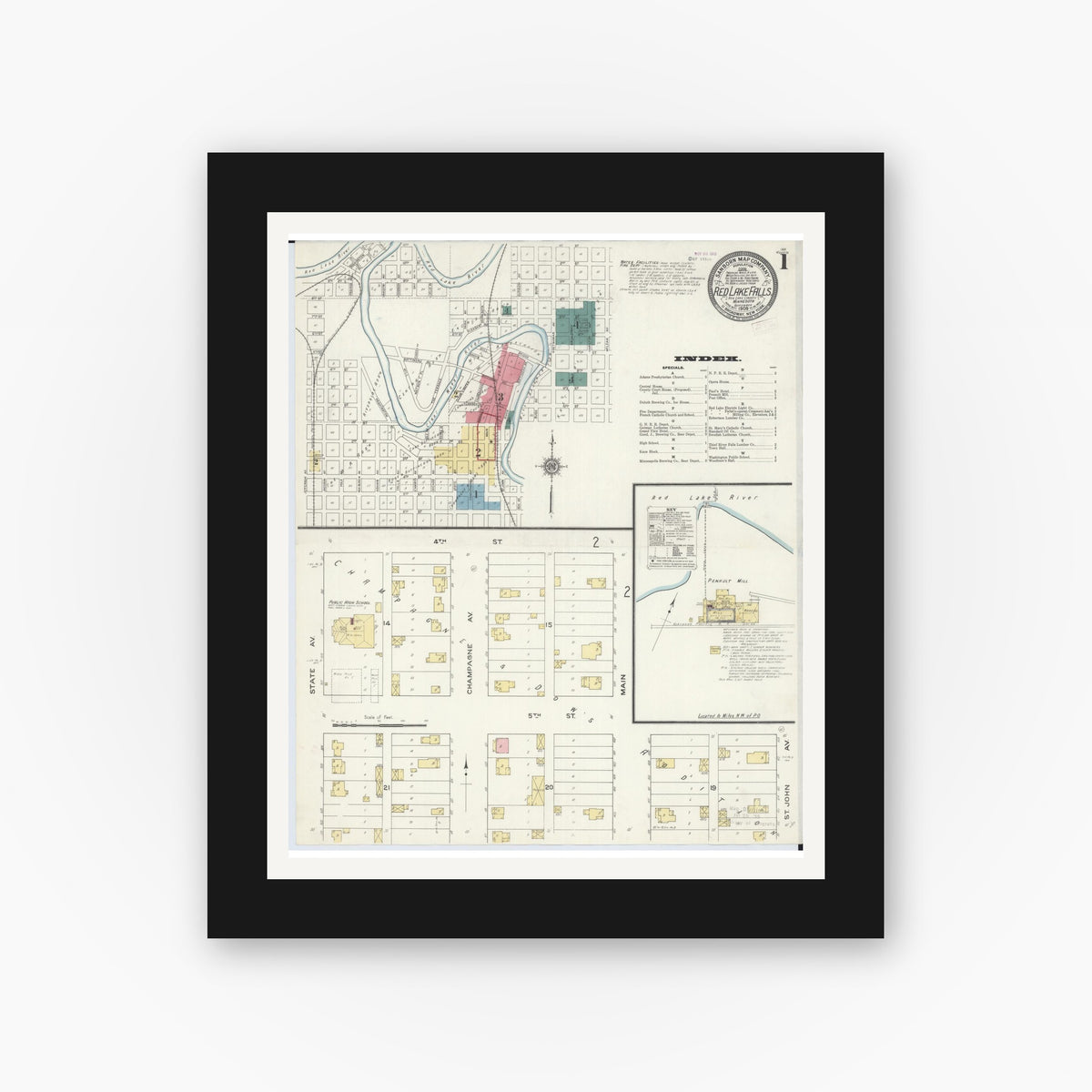 Old map wall art mockup — black gallery frame with white mat — Sanborn Fire Insurance Map from Red Lake Falls, Red Lake County, Minnesota (1909) - Complete Map Set