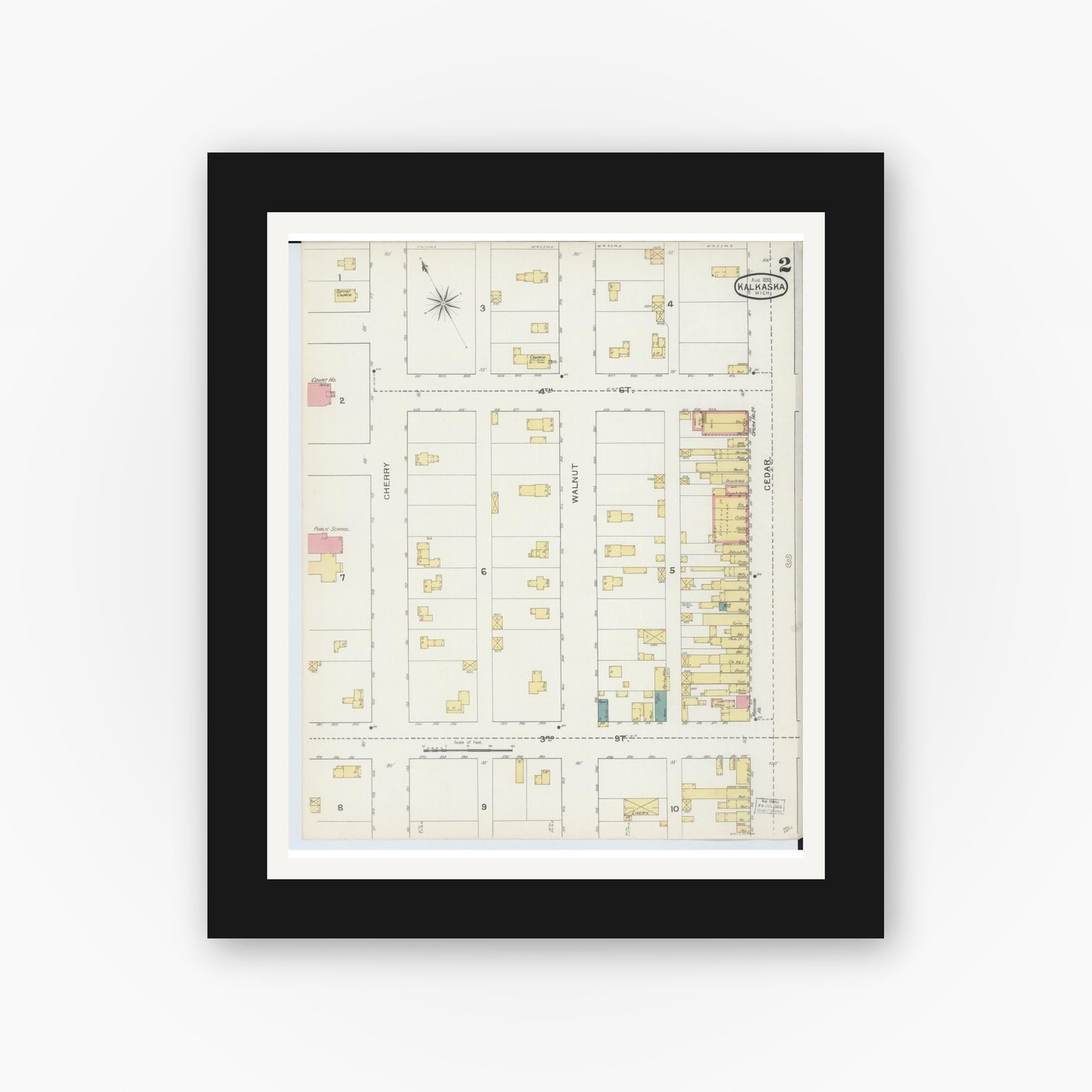 Old map wall art mockup — black gallery frame with white mat — Sanborn Fire Insurance Map from Kalkaska, Kalkaska County, Michigan (1893), Sheet #0002