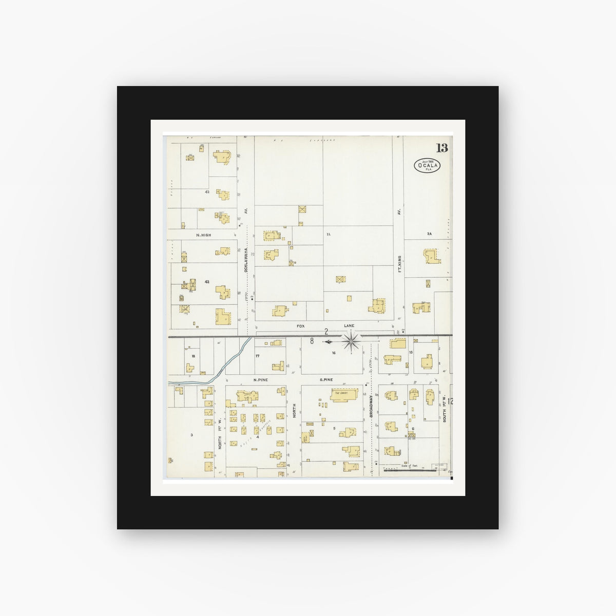 Old map wall art mockup — black gallery frame with white mat — Sanborn Fire Insurance Map from Ocala, Marion County, Florida (1906), Sheet #0013
