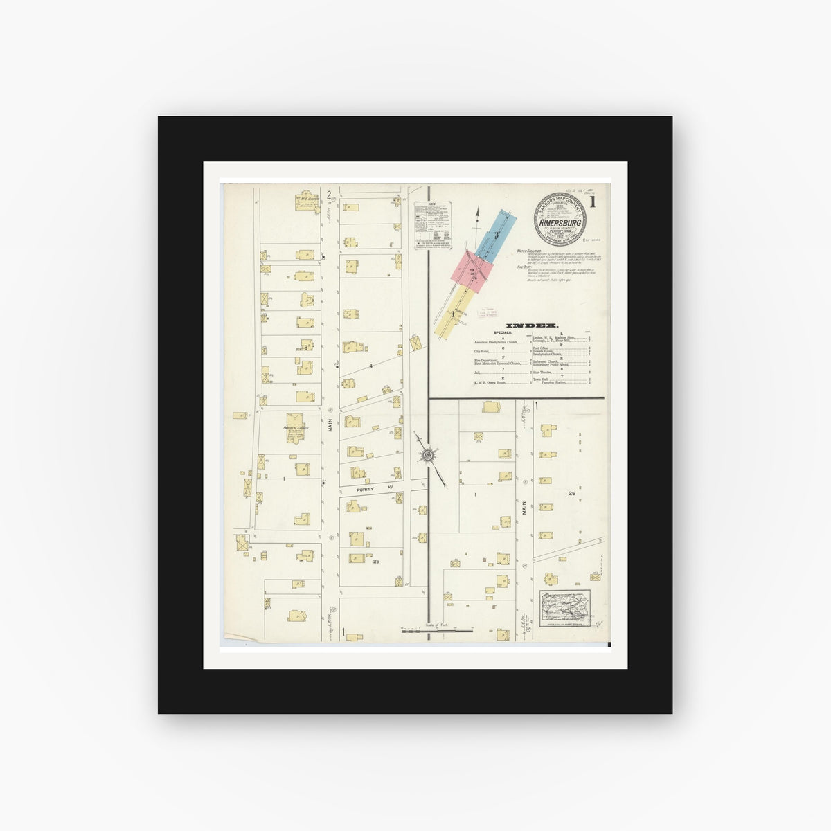 Old map wall art mockup — black gallery frame with white mat — Sanborn Fire Insurance Map from Rimersburg, Clarion County, Pennsylvania (1912) - Complete Map Set