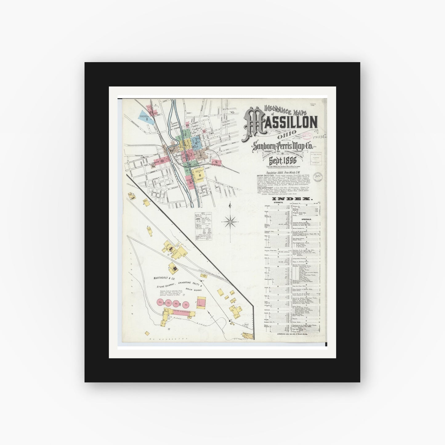 Old map wall art mockup — black gallery frame with white mat — Sanborn Fire Insurance Map from Massillon, Stark County, Ohio (1896), Sheet #0001