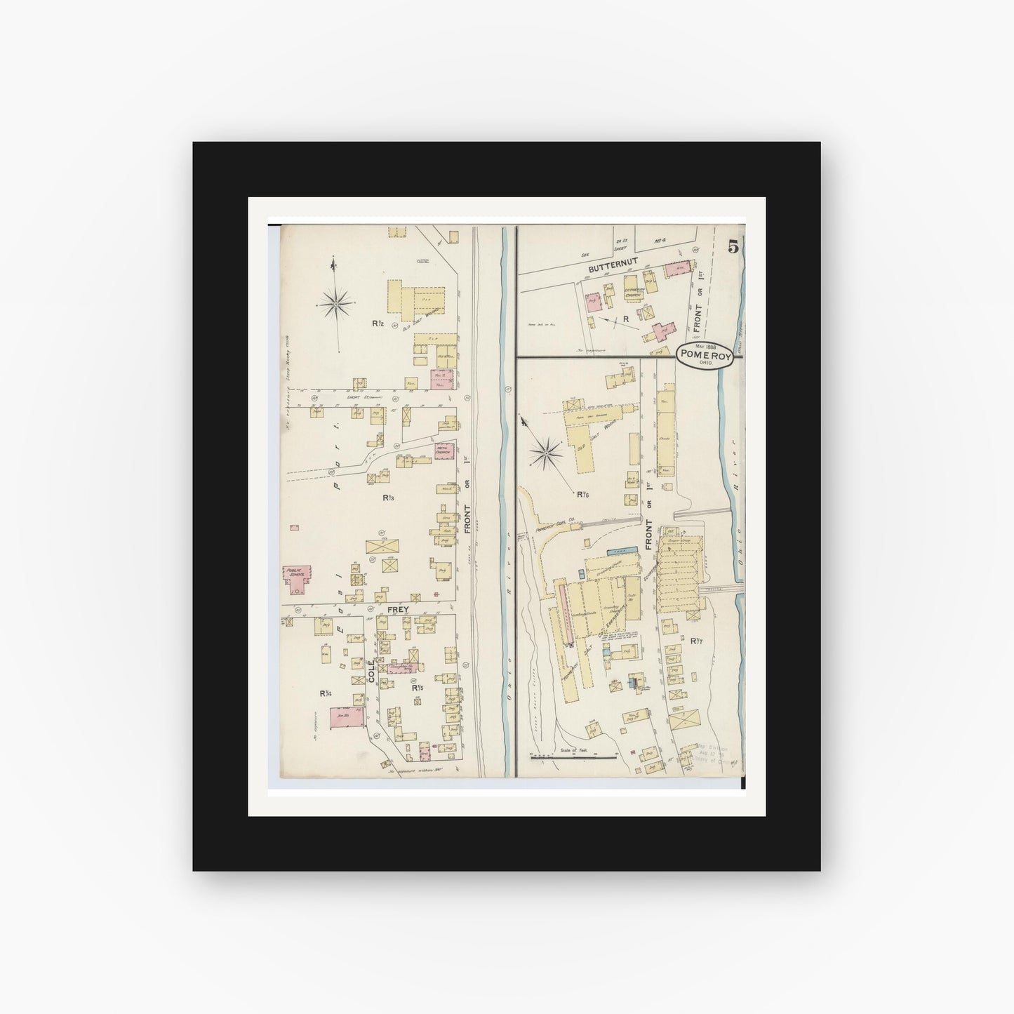 Old map wall art mockup — black gallery frame with white mat — Sanborn Fire Insurance Map from Pomeroy, Meigs County, Ohio (1888), Sheet #0005