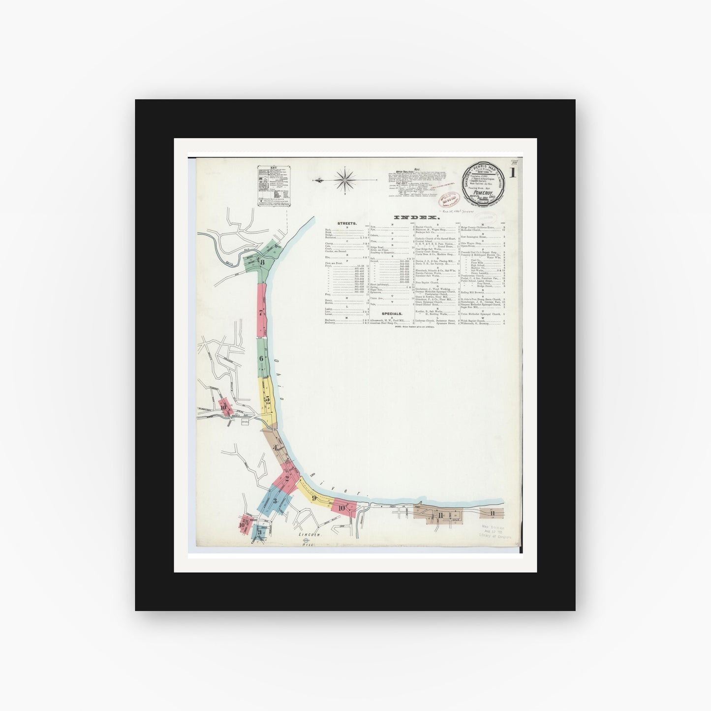 Old map wall art mockup — black gallery frame with white mat — Sanborn Fire Insurance Map from Pomeroy, Meigs County, Ohio (1899), Sheet #0001