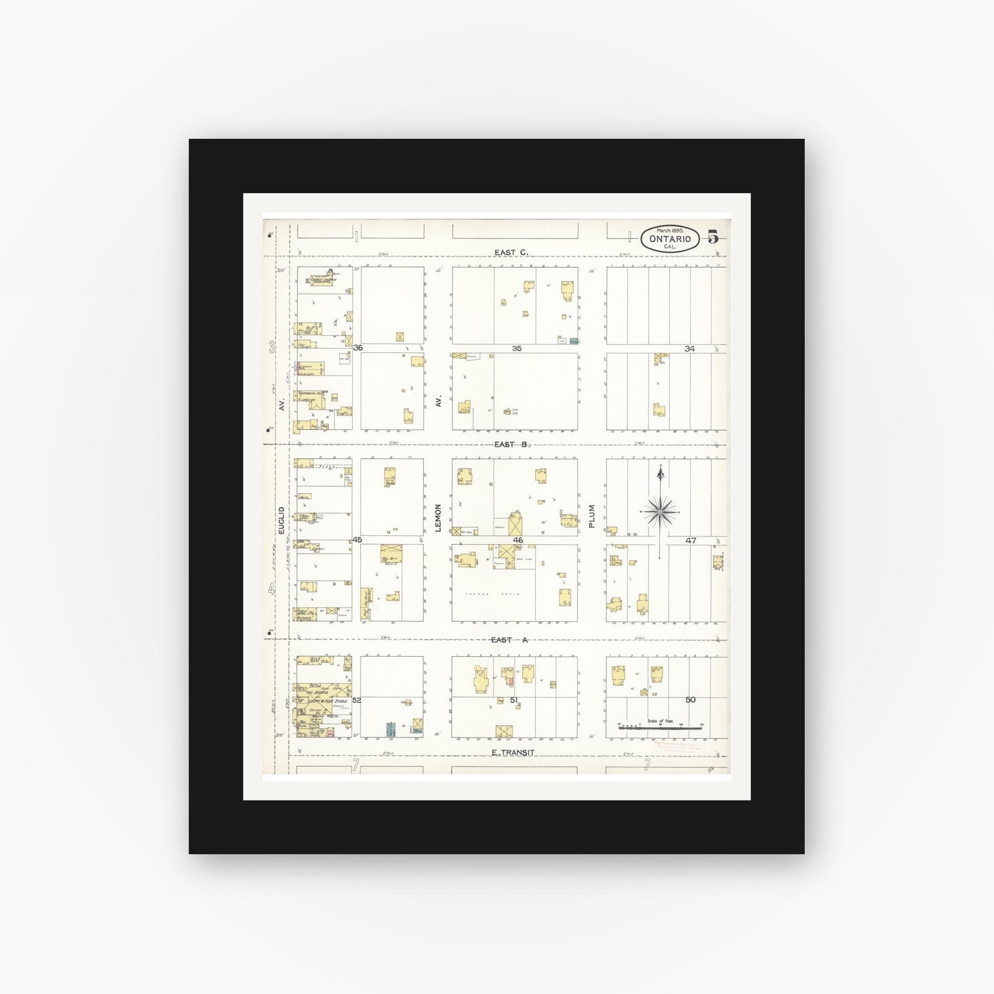 Old map wall art mockup — black gallery frame with white mat — Sanborn Fire Insurance Map from Ontario, San Bernardino County, California (1895), Sheet #0005