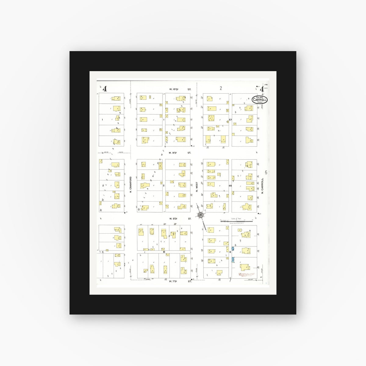 Old map wall art mockup — black gallery frame with white mat — Sanborn Fire Insurance Map from Carroll, Carroll County, Iowa (1923), Sheet #0004