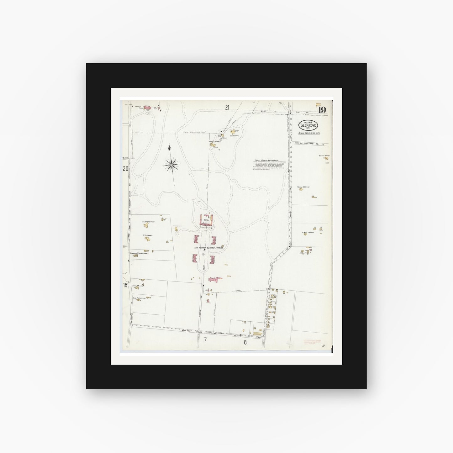 Old map wall art mockup — black gallery frame with white mat — Sanborn Fire Insurance Map from Glen Cove, Nassau County, New York (1908), Sheet #0019
