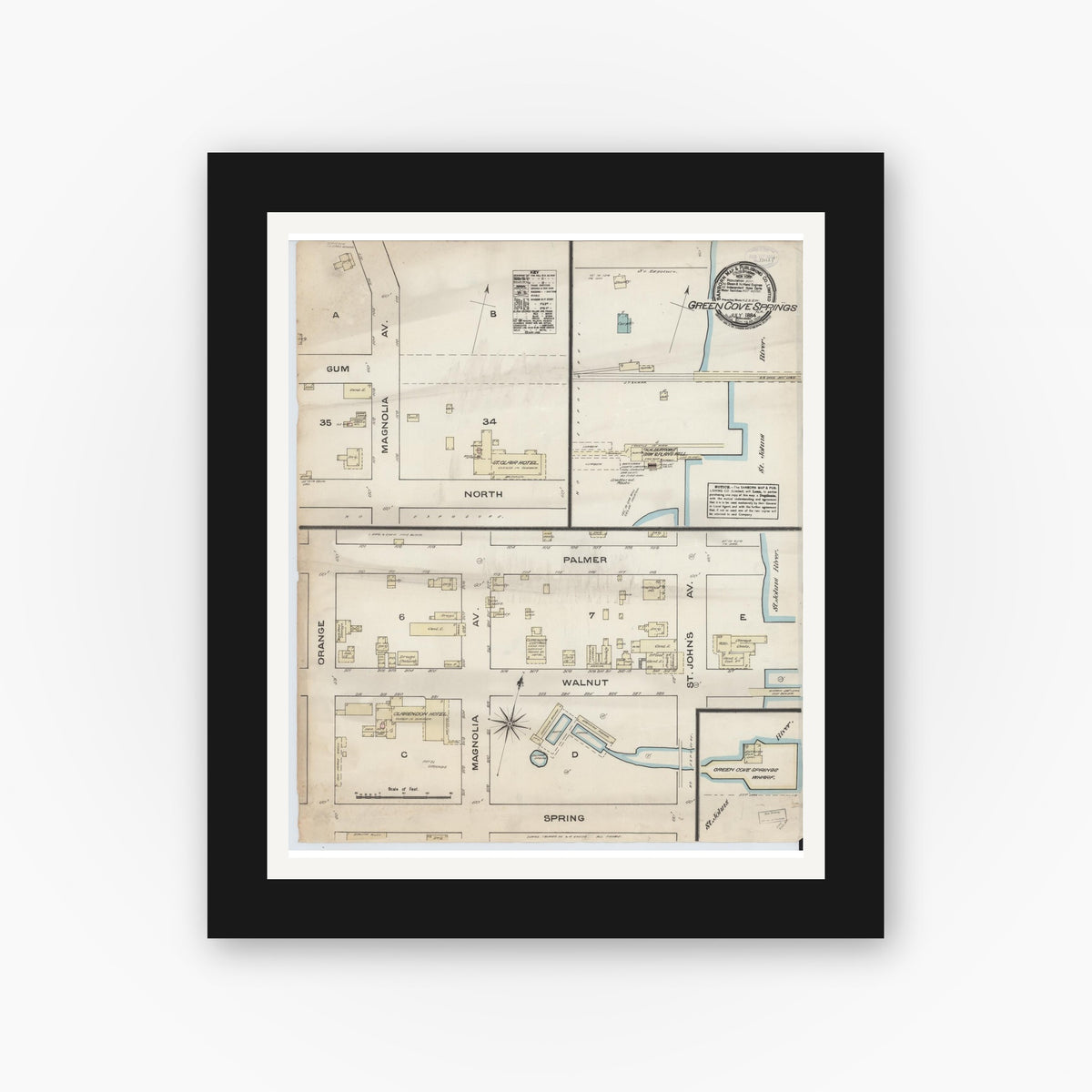 Old map wall art mockup — black gallery frame with white mat — Sanborn Fire Insurance Map from Green Cove Springs, Clay County, Florida (1884), Sheet #0001
