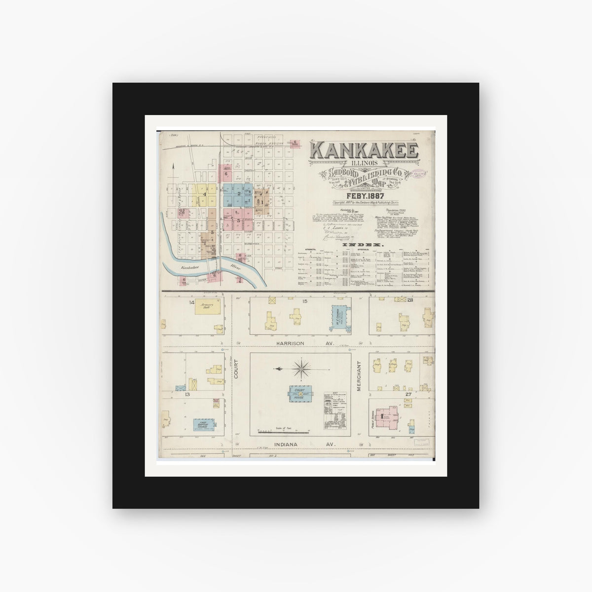 Old map wall art mockup — black gallery frame with white mat — Sanborn Fire Insurance Map from Kankakee, Kankakee County, Illinois (1887) - Complete Map Set
