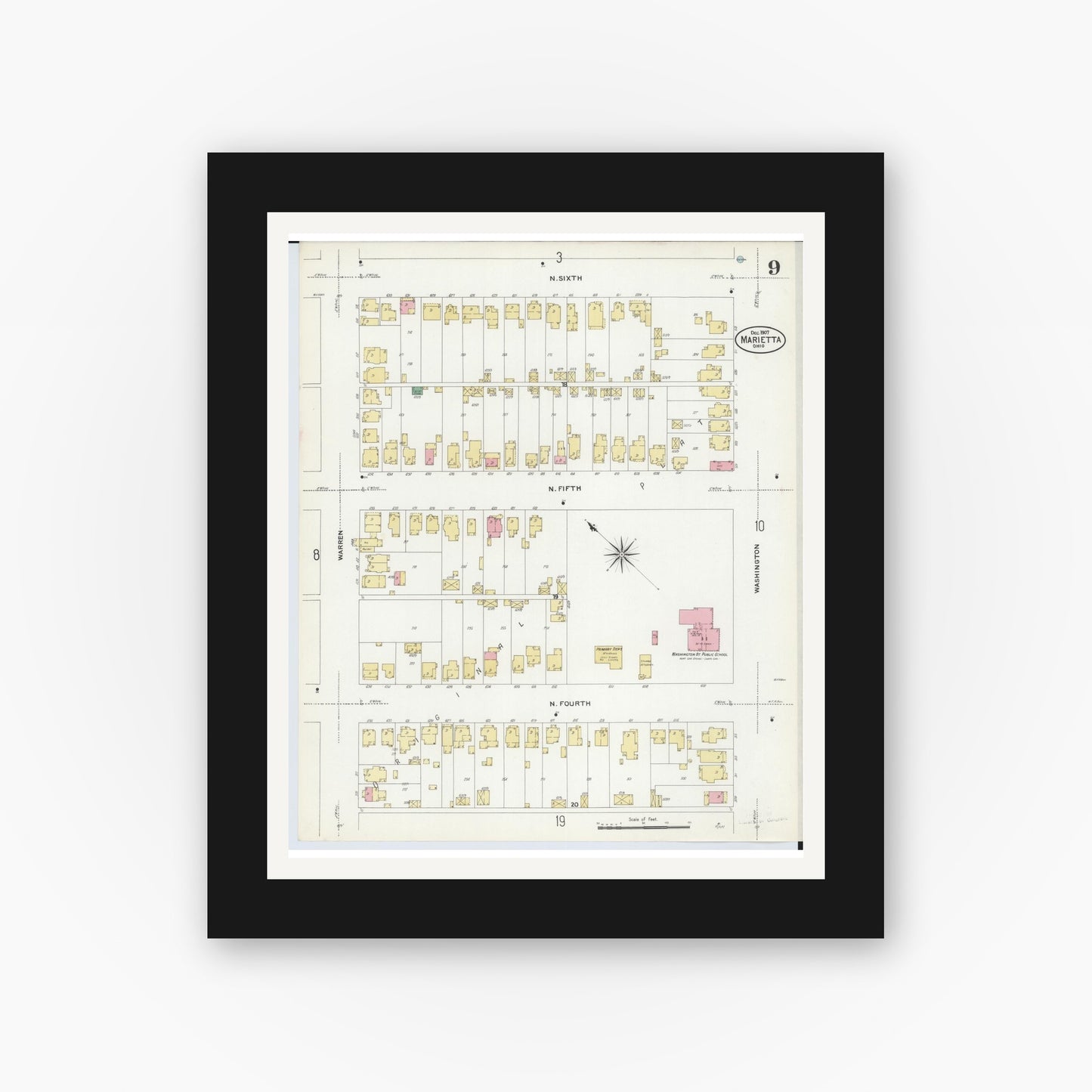 Old map wall art mockup — black gallery frame with white mat — Sanborn Fire Insurance Map from Marietta, Washington County, Ohio (1907), Sheet #0009