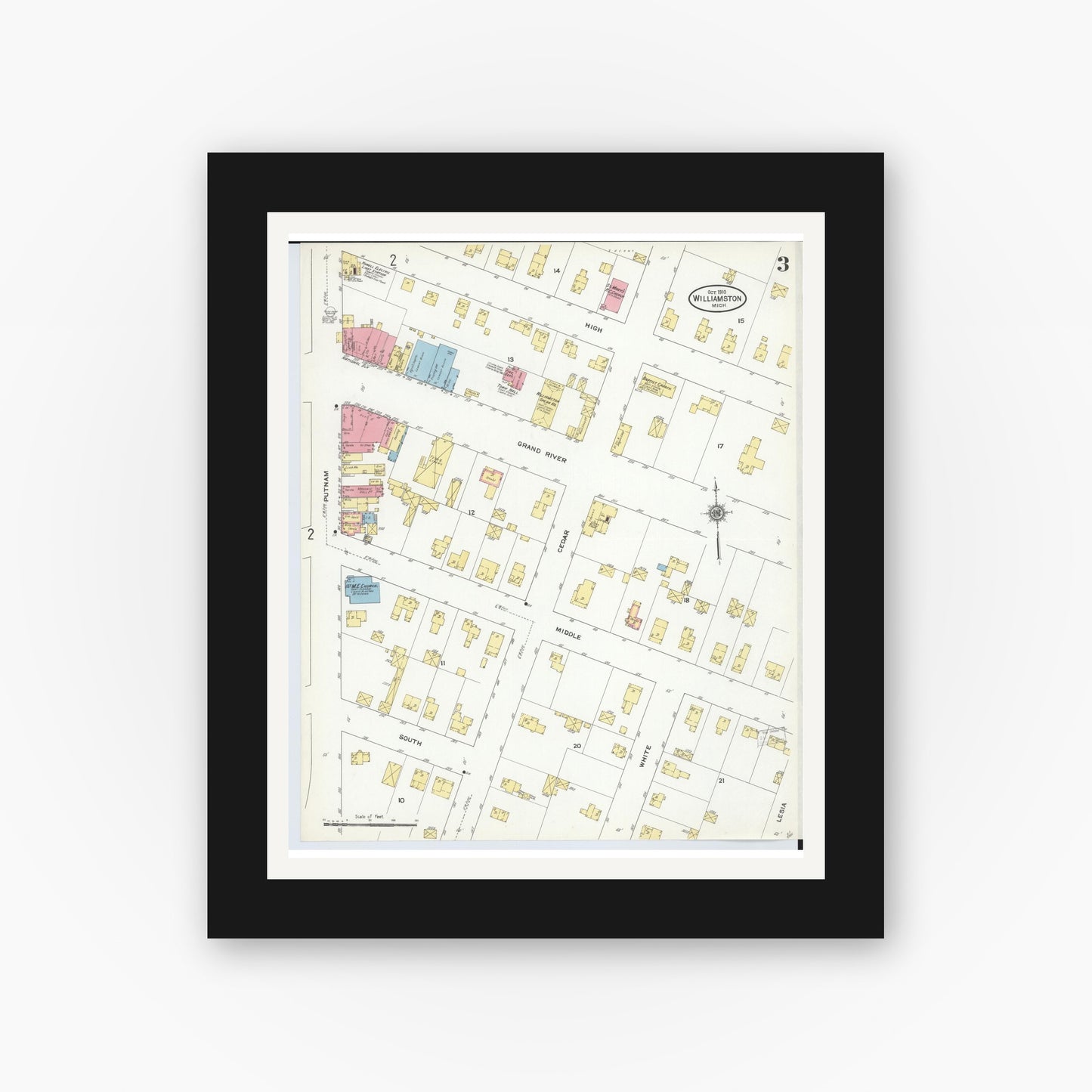 Old map wall art mockup — black gallery frame with white mat — Sanborn Fire Insurance Map from Williamston, Ingham County, Michigan (1910), Sheet #0003