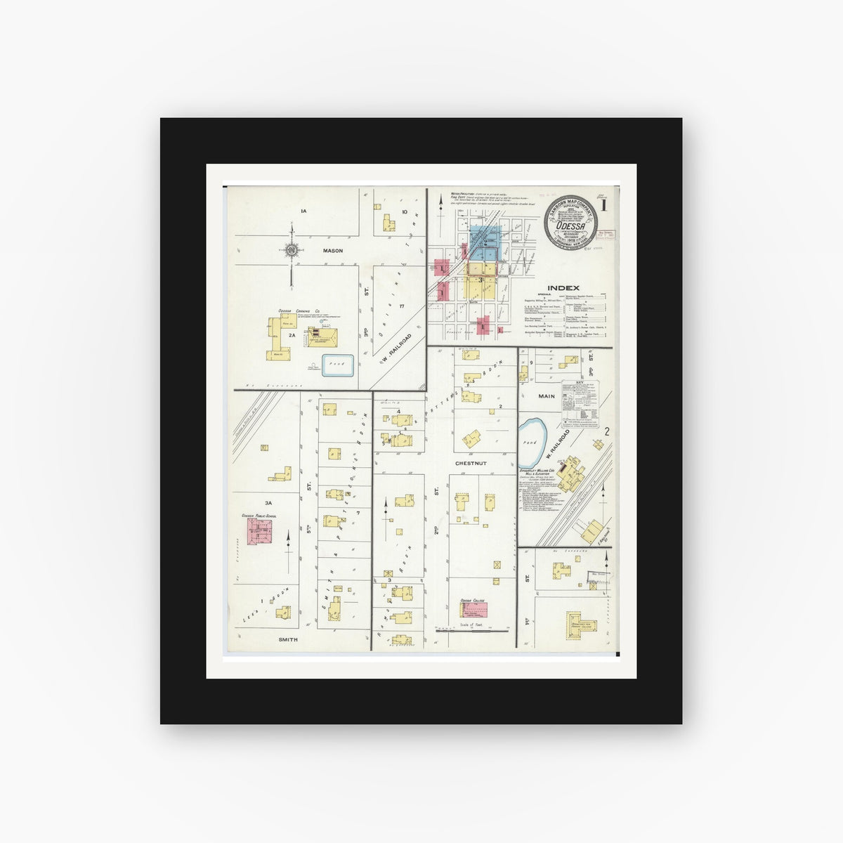 Old map wall art mockup — black gallery frame with white mat — Sanborn Fire Insurance Map from Odessa, Lafayette County, Missouri (1909) - Complete Map Set