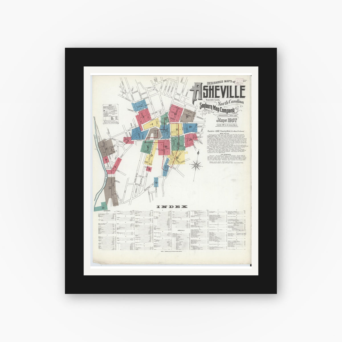 Old map wall art mockup — black gallery frame with white mat — Sanborn Fire Insurance Map from Asheville, Buncombe County, North Carolina (1907) - Complete Map Set
