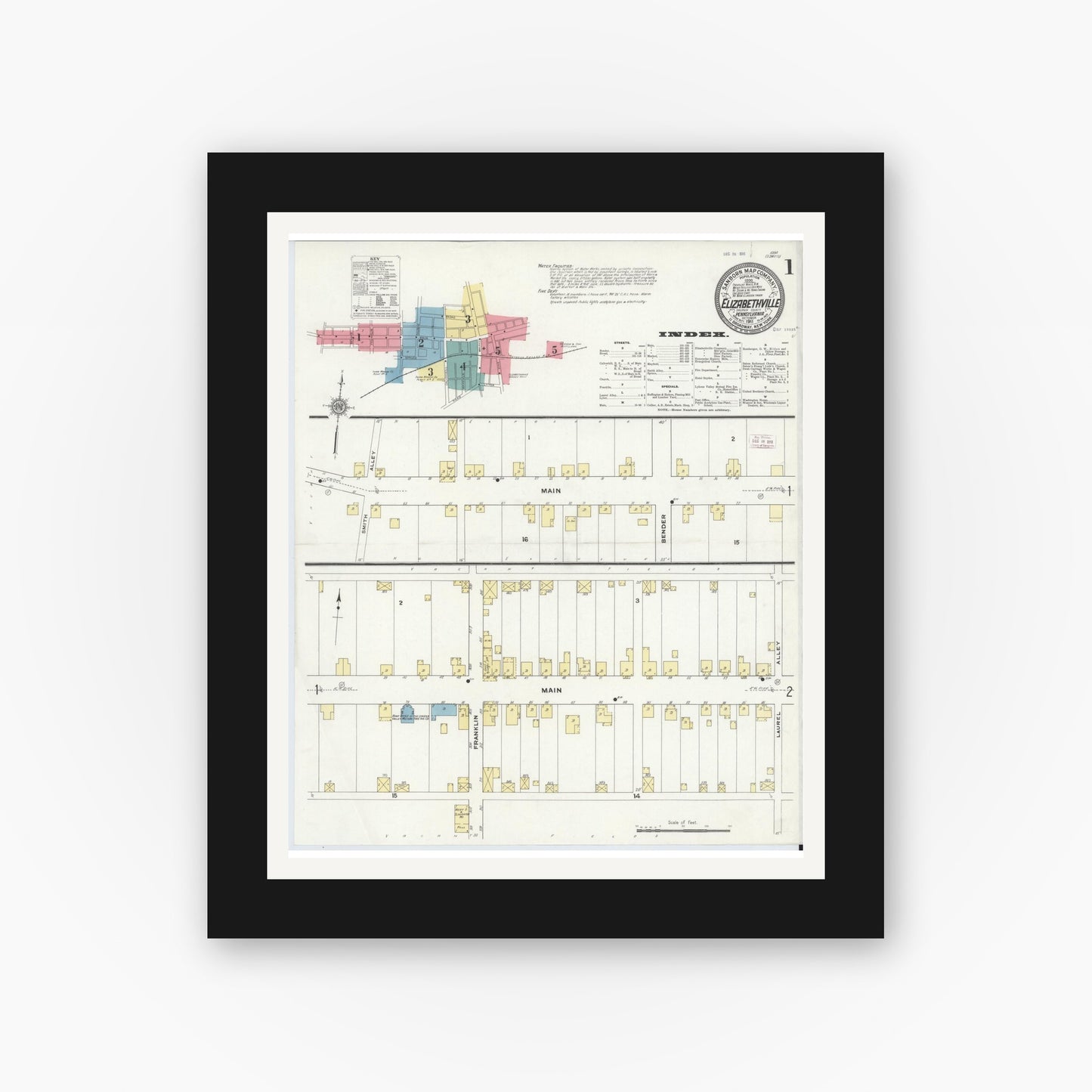 Old map wall art mockup — black gallery frame with white mat — Sanborn Fire Insurance Map from Elizabethville, Dauphin County, Pennsylvania (1911), Sheet #0001