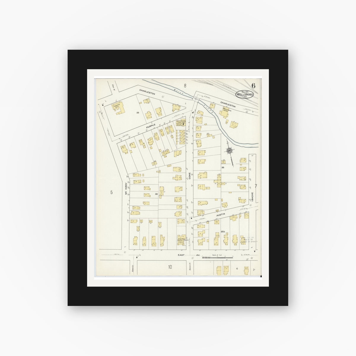 Old map wall art mockup — black gallery frame with white mat — Sanborn Fire Insurance Map from Wellsboro, Tioga County, Pennsylvania (1910), Sheet #0006