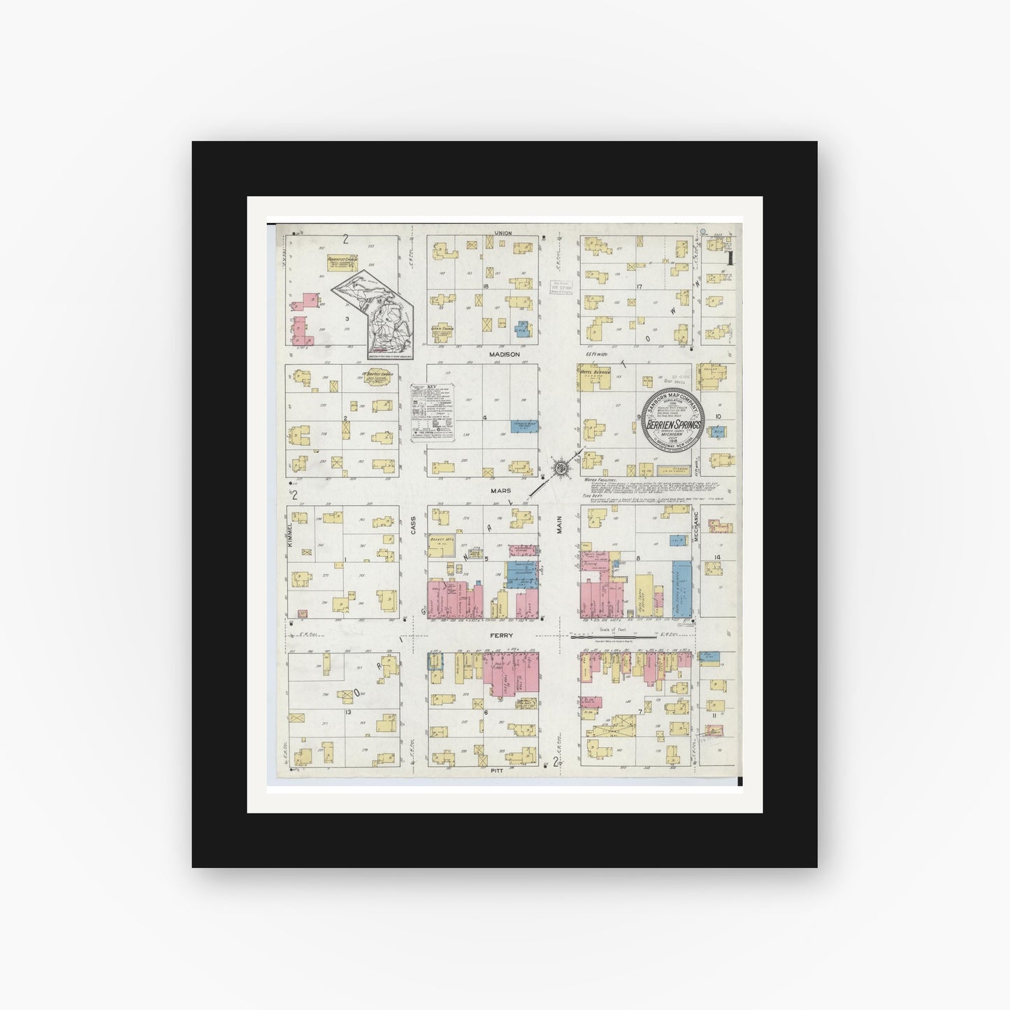 Old map wall art mockup — black gallery frame with white mat — Sanborn Fire Insurance Map from Berrien Springs, Berrien County, Michigan (1918), Sheet #0001