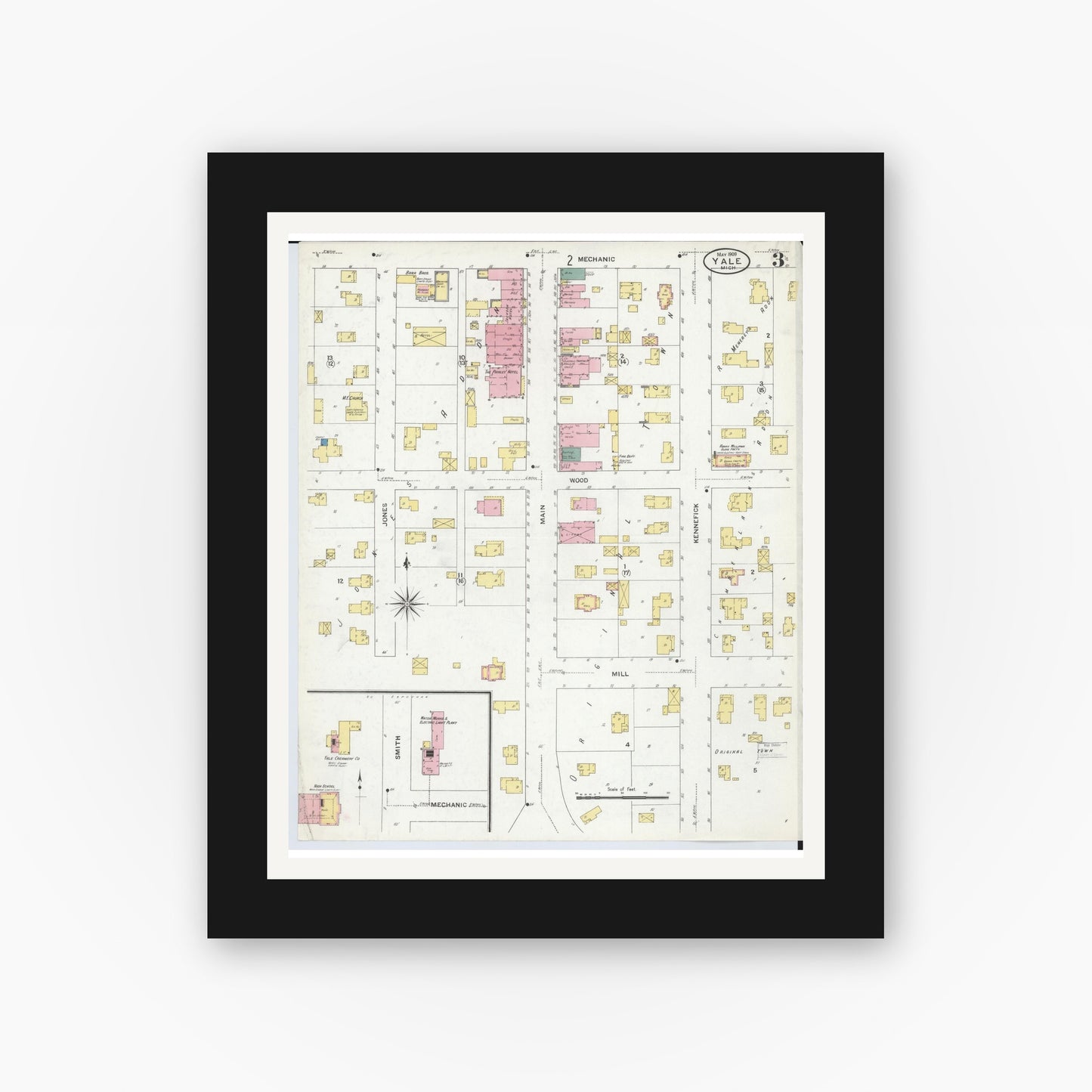 Old map wall art mockup — black gallery frame with white mat — Sanborn Fire Insurance Map from Yale, Saint Clair County, Michigan (1909), Sheet #0003