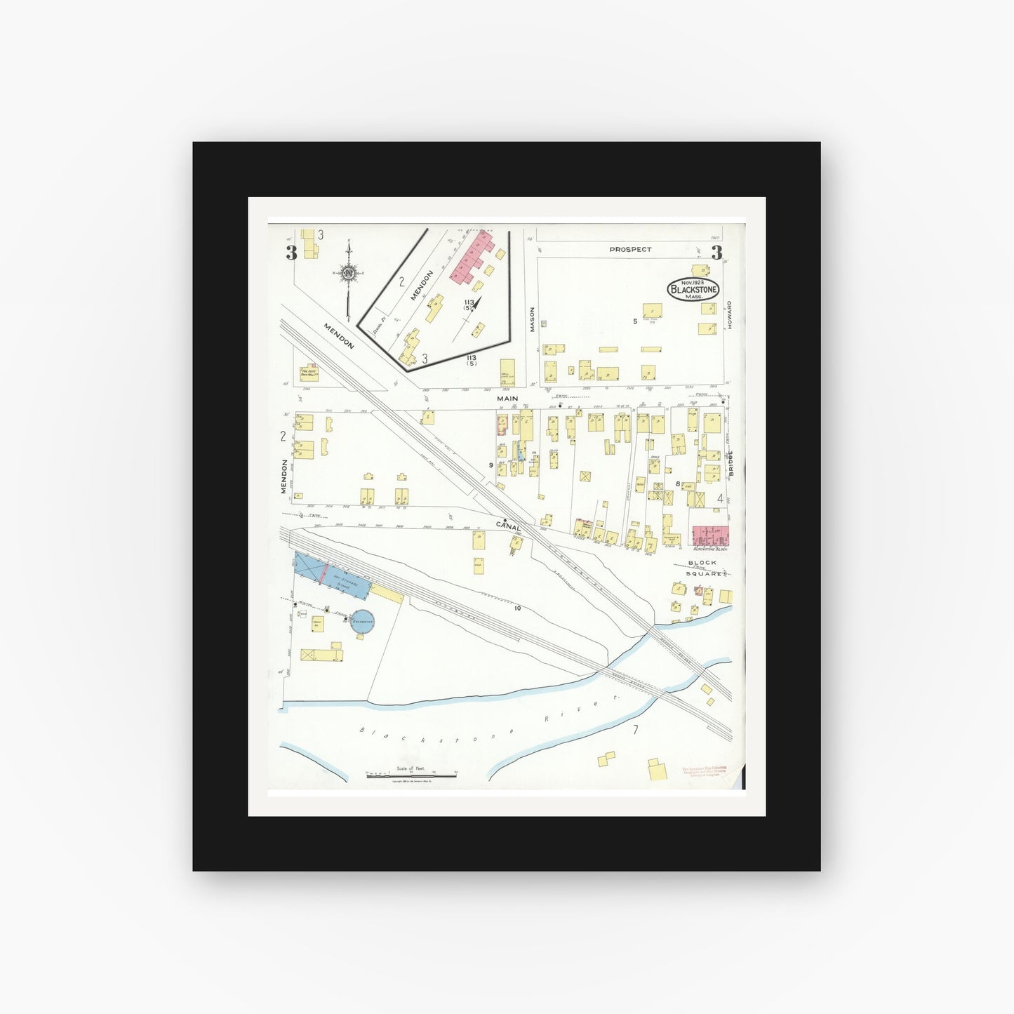 Old map wall art mockup — black gallery frame with white mat — Sanborn Fire Insurance Map from Blackstone, Worcester County, Massachusetts (1923), Sheet #0003