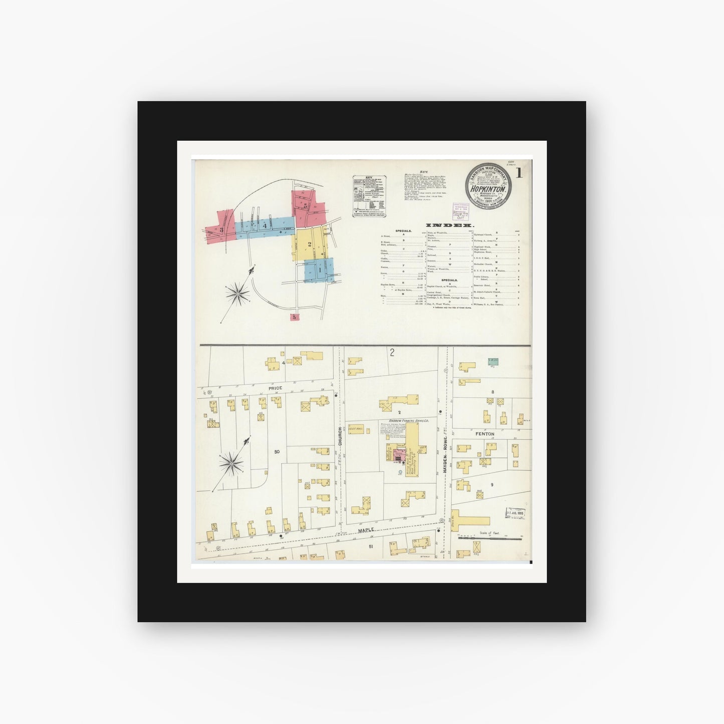 Old map wall art mockup — black gallery frame with white mat — Sanborn Fire Insurance Map from Hopkinton, Middlesex County, Massachusetts (1904), Sheet #0001