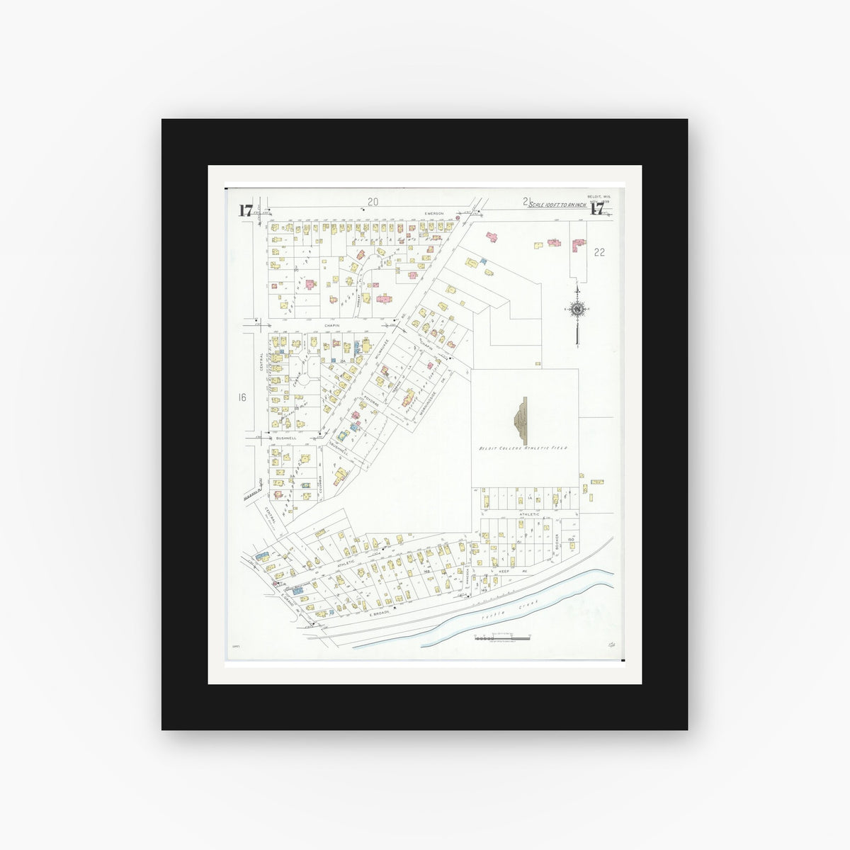 Old map wall art mockup — black gallery frame with white mat — Sanborn Fire Insurance Map from Beloit, Rock County, Wisconsin (1939), Sheet #0017