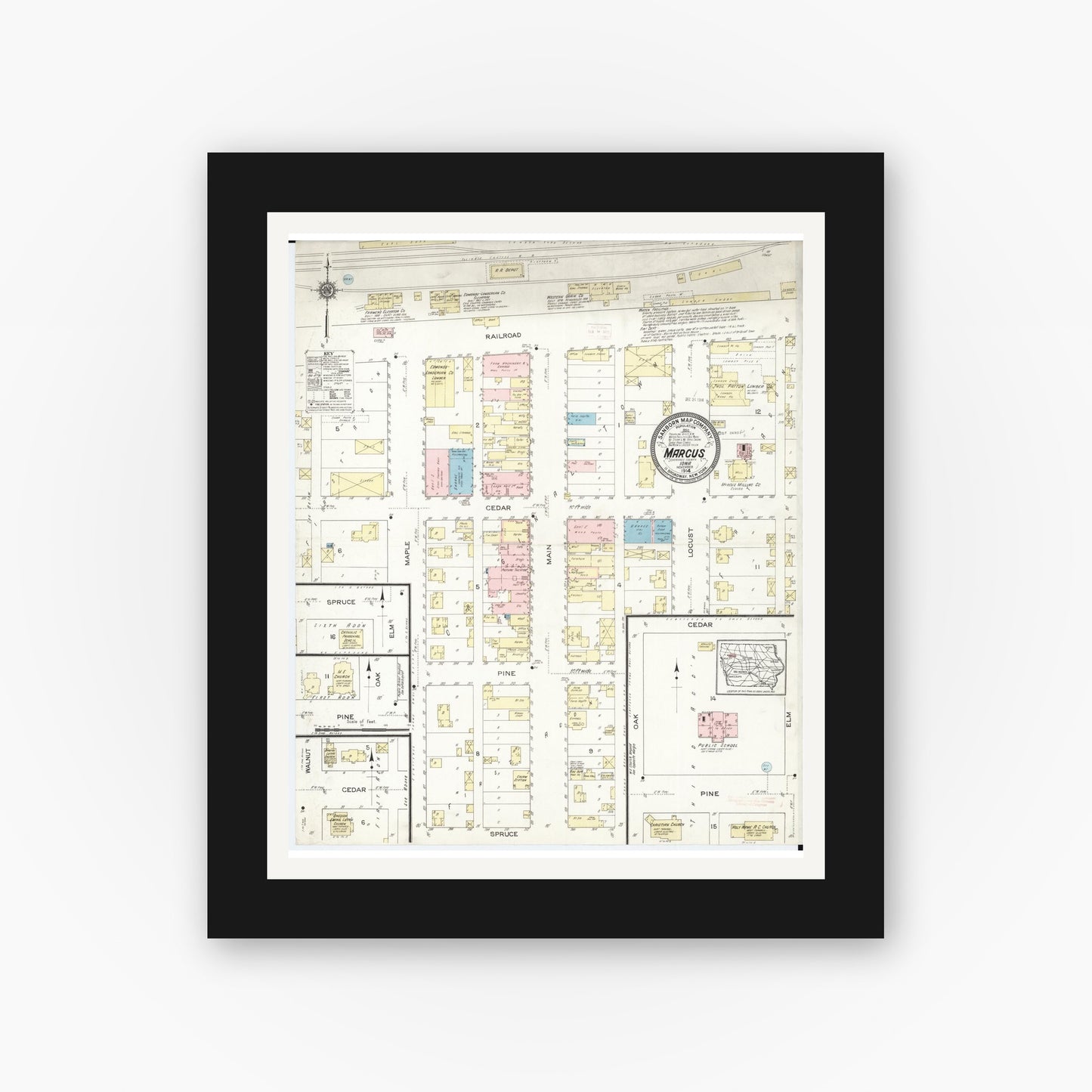Old map wall art mockup — black gallery frame with white mat — Sanborn Fire Insurance Map from Marcus, Cherokee County, Iowa (1914), Sheet #0001