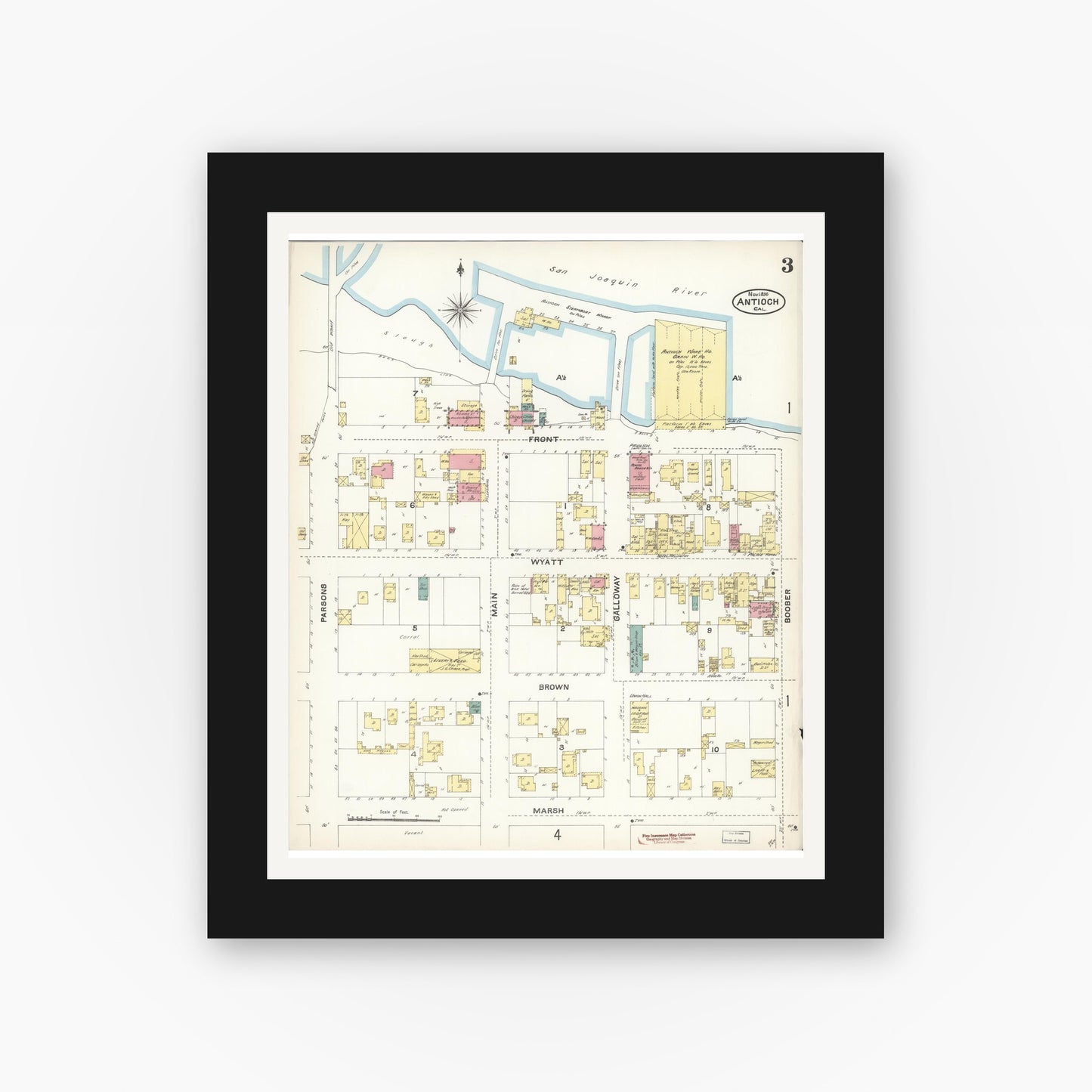 Old map wall art mockup — black gallery frame with white mat — Sanborn Fire Insurance Map from Antioch, Contra Costa County, California (1896), Sheet #0003