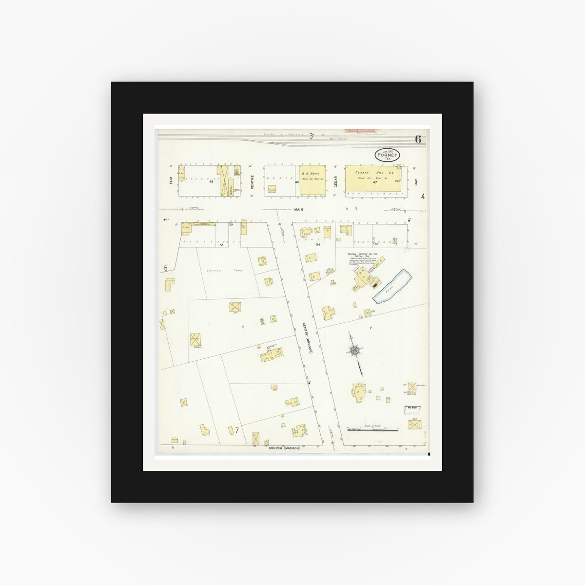 Old map wall art mockup — black gallery frame with white mat — Sanborn Fire Insurance Map from Forney, Kaufman County, Texas (1912), Sheet #0006