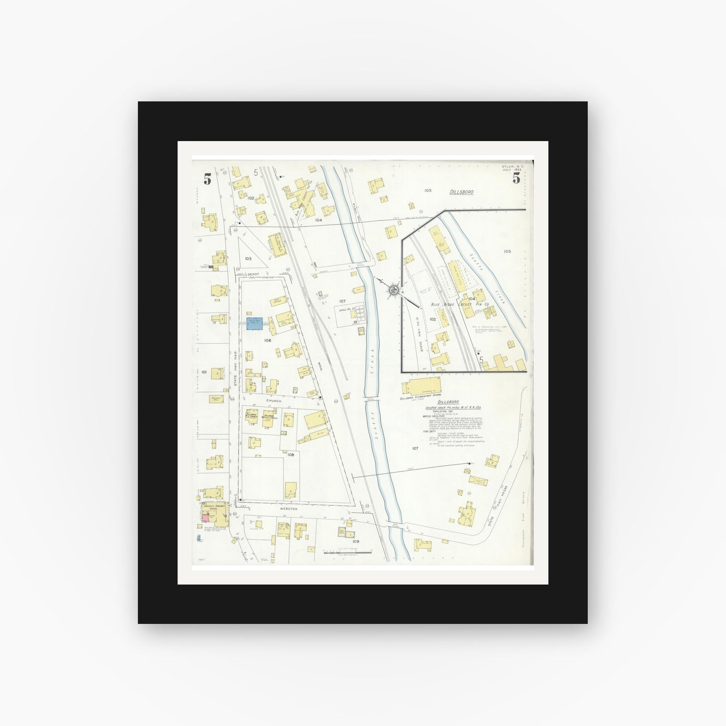 Old map wall art mockup — black gallery frame with white mat — Sanborn Fire Insurance Map from Sylva, Jackson County, North Carolina (1933), Sheet #0005