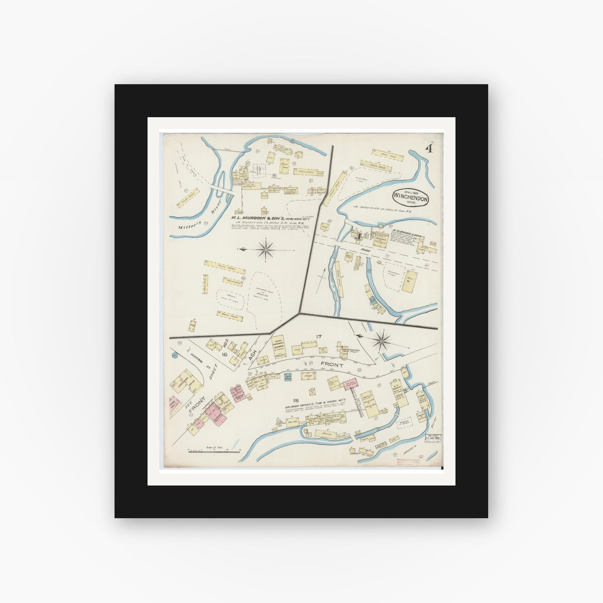 Old map wall art mockup — black gallery frame with white mat — Sanborn Fire Insurance Map from Winchendon, Worcester County, Massachusetts (1885), Sheet #0004