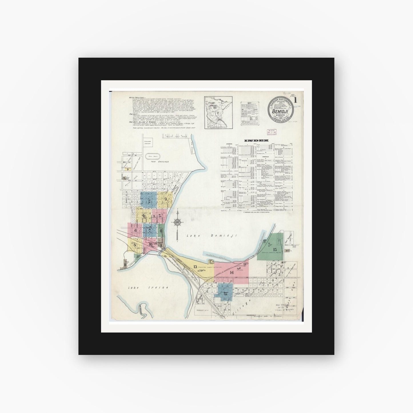 Old map wall art mockup — black gallery frame with white mat — Sanborn Fire Insurance Map from Bemidji, Beltrami County, Minnesota (1914), Sheet #0001