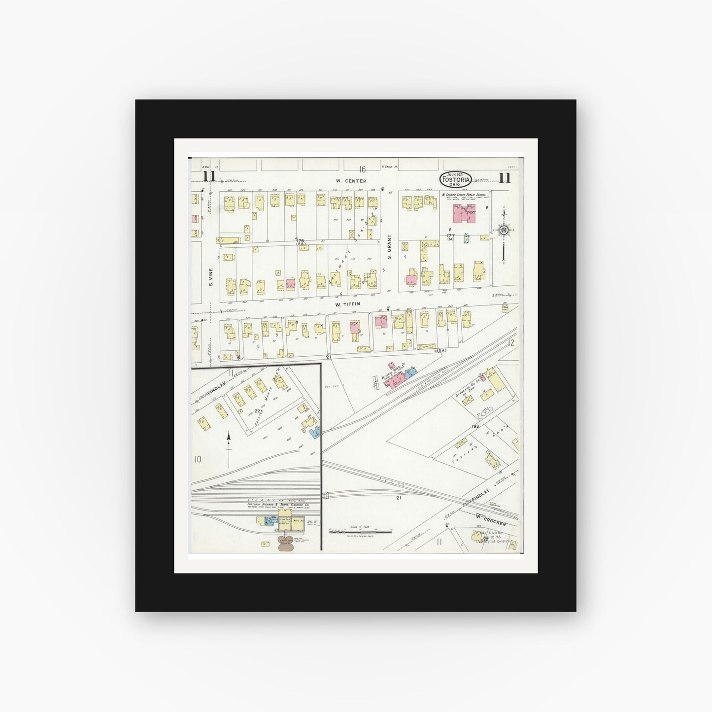 Old map wall art mockup — black gallery frame with white mat — Sanborn Fire Insurance Map from Fostoria, Seneca, Hancock, And Wood Counties, Ohio (1924), Sheet #0011