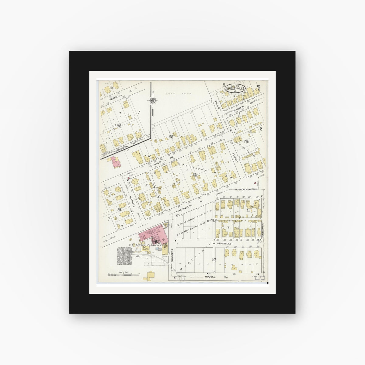 Old map wall art mockup — black gallery frame with white mat — Sanborn Fire Insurance Map from Shelbyville, Shelby County, Indiana (1916), Sheet #0007