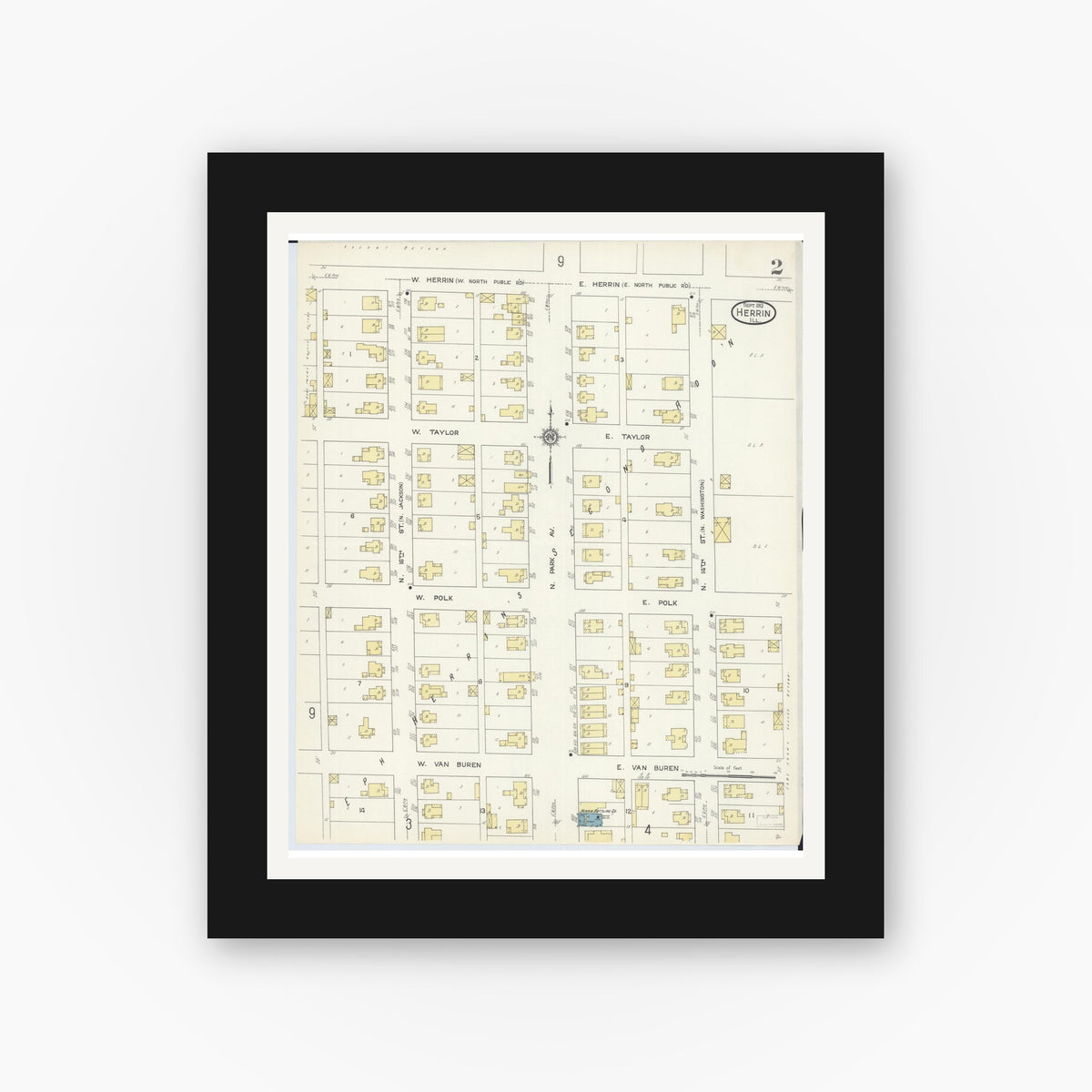 Old map wall art mockup — black gallery frame with white mat — Sanborn Fire Insurance Map from Herrin, Williamson County, Illinois (1913), Sheet #0002
