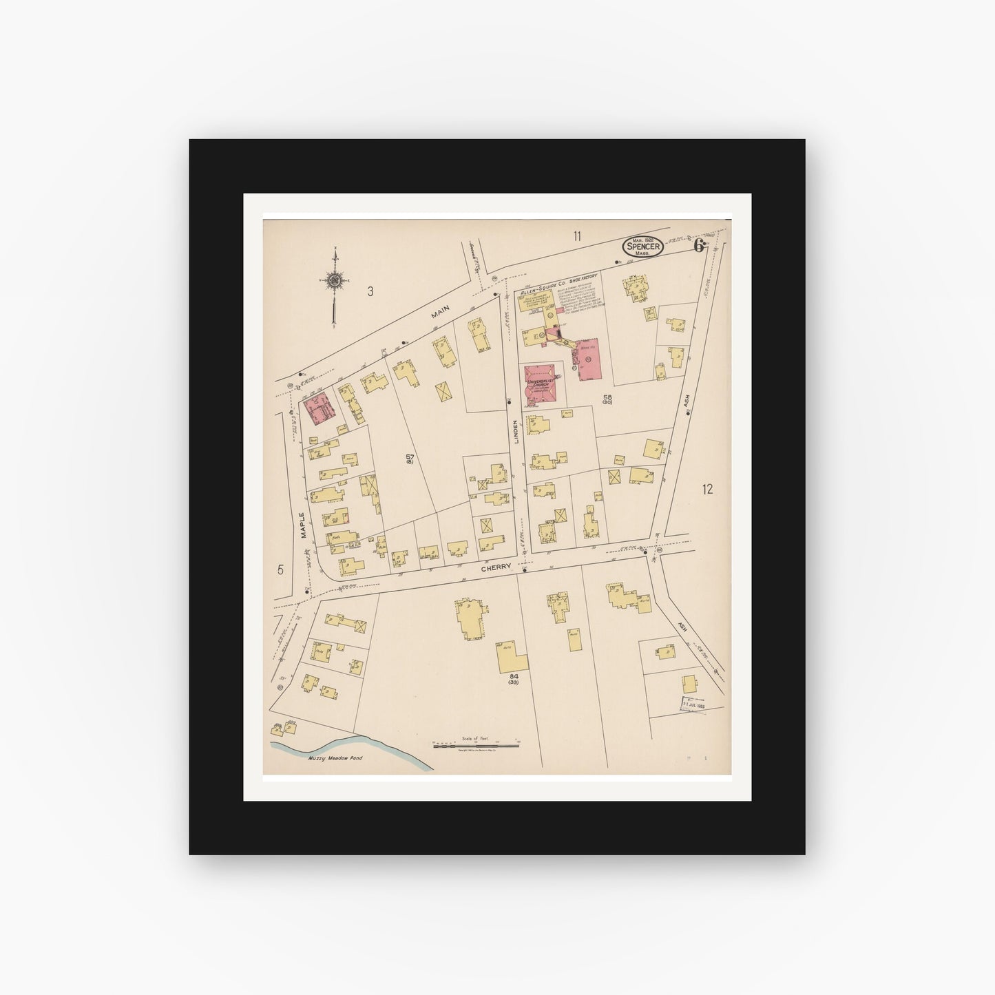 Old map wall art mockup — black gallery frame with white mat — Sanborn Fire Insurance Map from Spencer, Worcester County, Massachusetts (1922), Sheet #0006