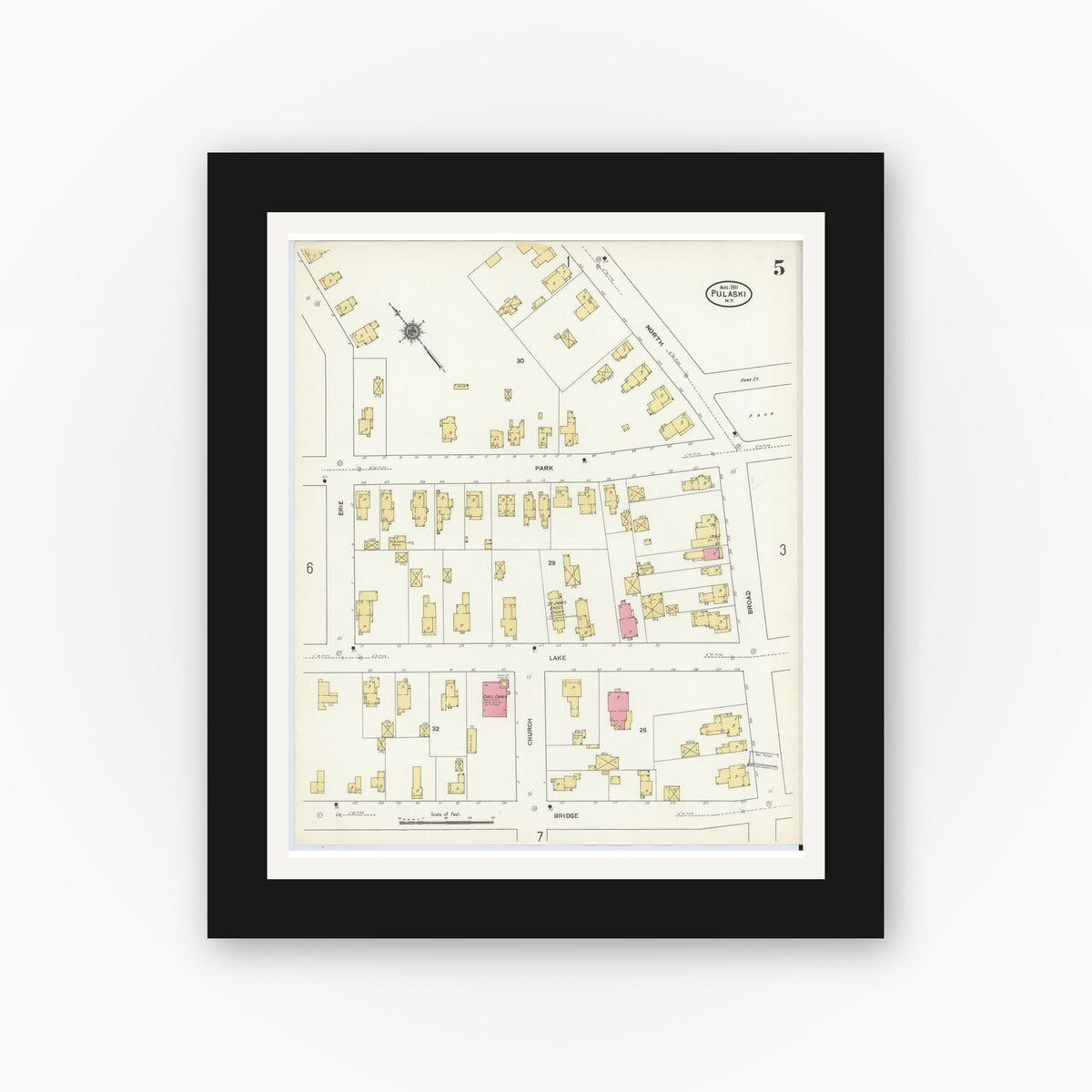 Old map wall art mockup — black gallery frame with white mat — Sanborn Fire Insurance Map from Pulaski, Oswego County, New York (1911), Sheet #0005