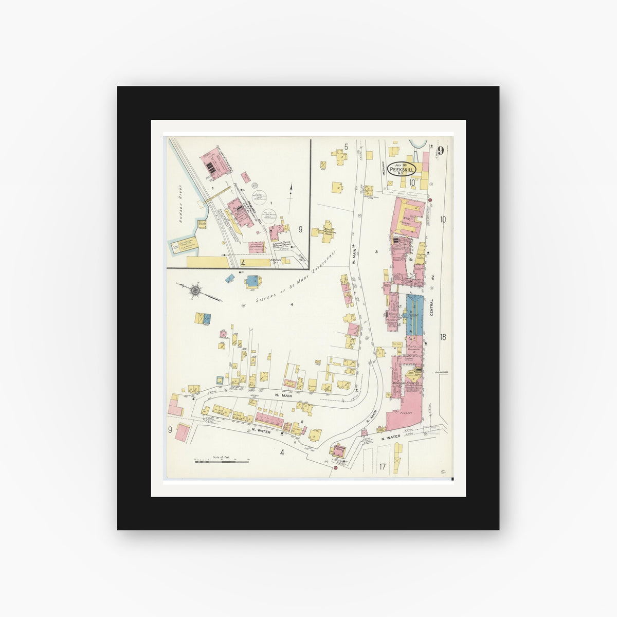 Old map wall art mockup — black gallery frame with white mat — Sanborn Fire Insurance Map from Peekskill, Westchester County, New York (1911), Sheet #0009