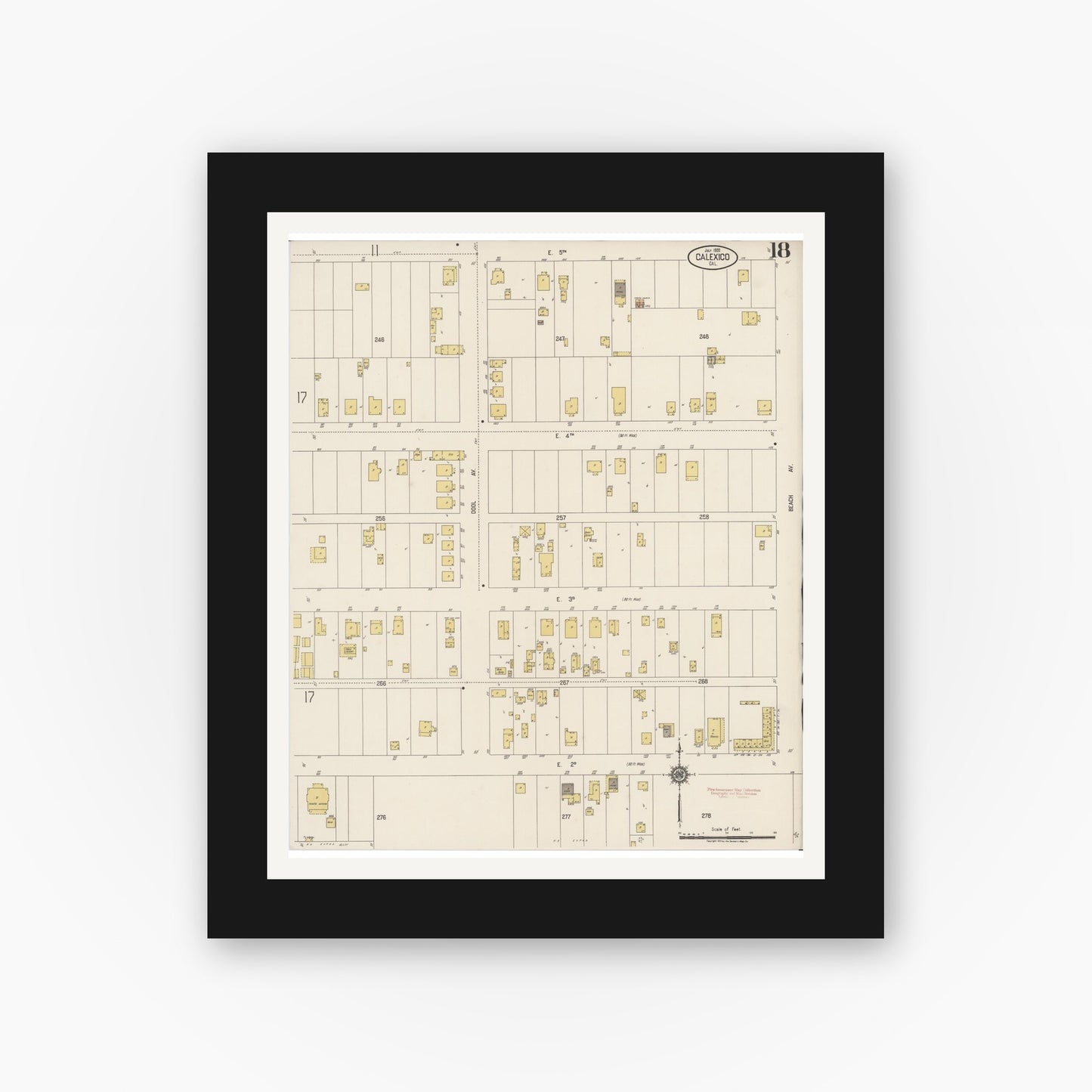 Old map wall art mockup — black gallery frame with white mat — Sanborn Fire Insurance Map from Calexico, Imperial County, California (1920), Sheet #0018