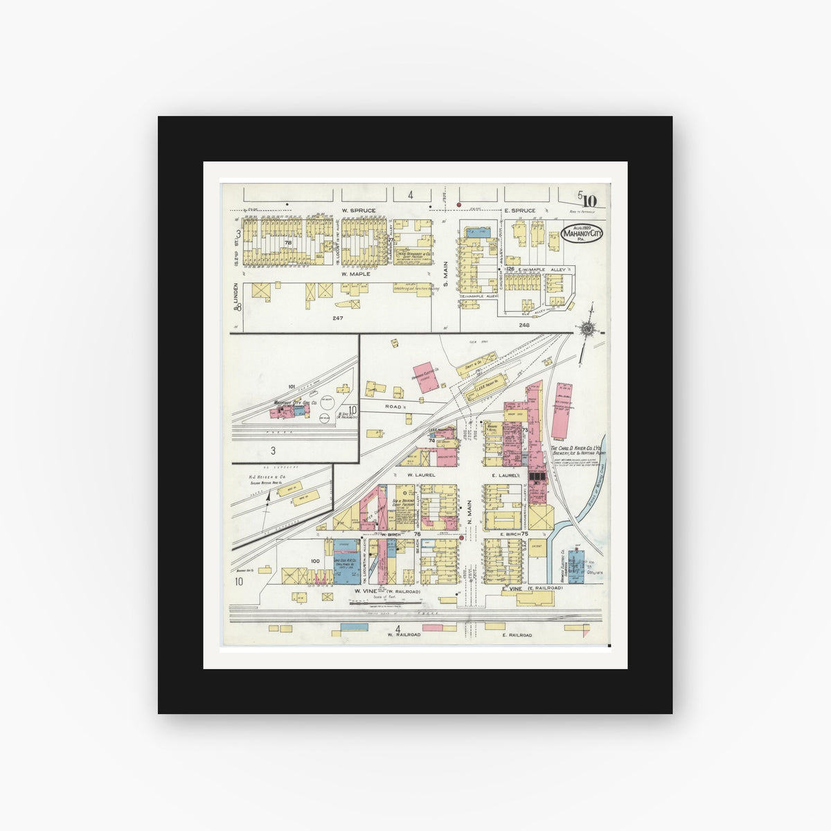 Old map wall art mockup — black gallery frame with white mat — Sanborn Fire Insurance Map from Mahanoy City, Schuylkill County, Pennsylvania (1920), Sheet #0010
