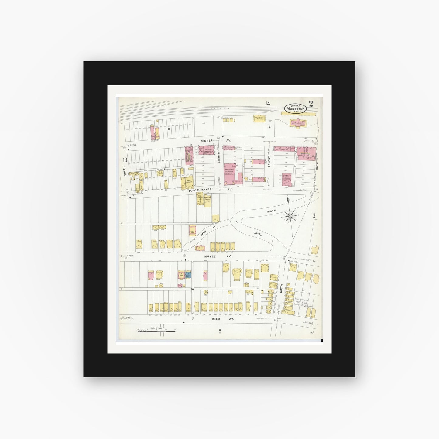 Old map wall art mockup — black gallery frame with white mat — Sanborn Fire Insurance Map from Monessen, Westmoreland County, Pennsylvania (1908), Sheet #0002