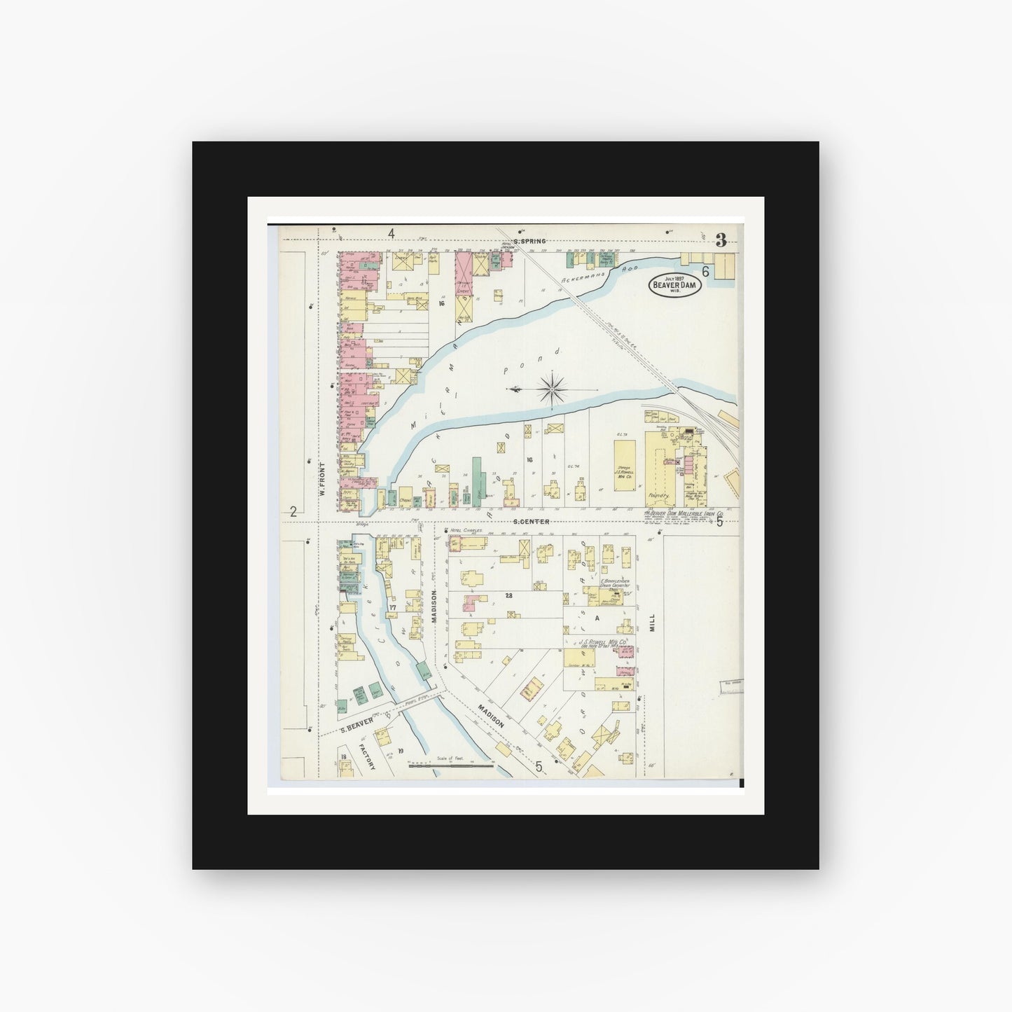 Old map wall art mockup — black gallery frame with white mat — Sanborn Fire Insurance Map from Beaver Dam, Dodge County, Wisconsin (1897), Sheet #0003