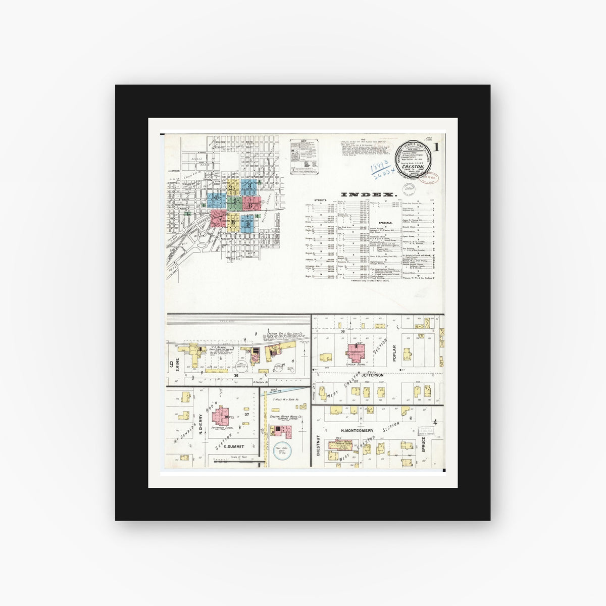 Old map wall art mockup — black gallery frame with white mat — Sanborn Fire Insurance Map from Creston, Union County, Iowa (1899) — Complete Set