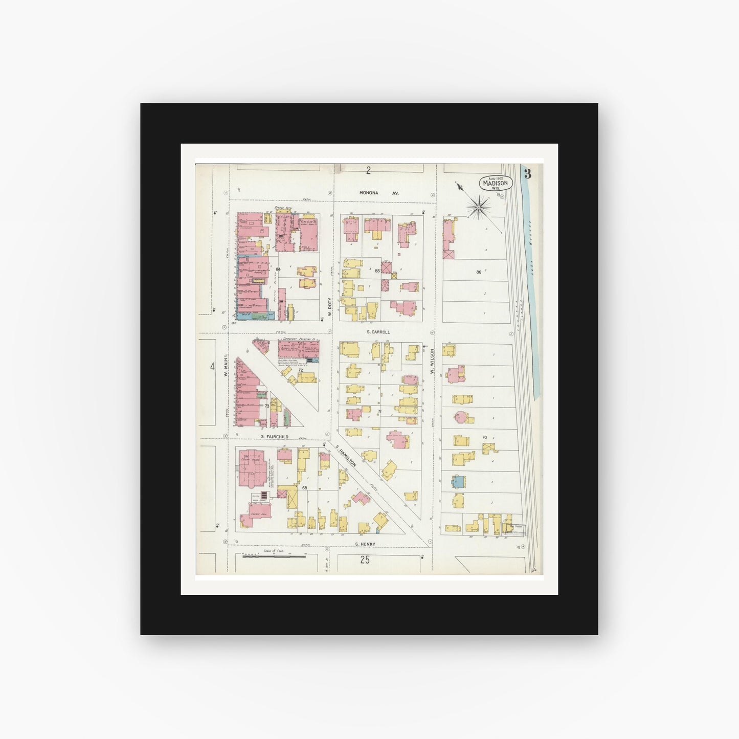 Old map wall art mockup — black gallery frame with white mat — Sanborn Fire Insurance Map from Madison, Dane County, Wisconsin (1902), Sheet #0003