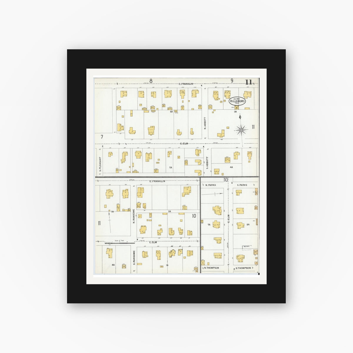 Old map wall art mockup — black gallery frame with white mat — Sanborn Fire Insurance Map from Hillsboro, Hill County, Texas (1900), Sheet #0011