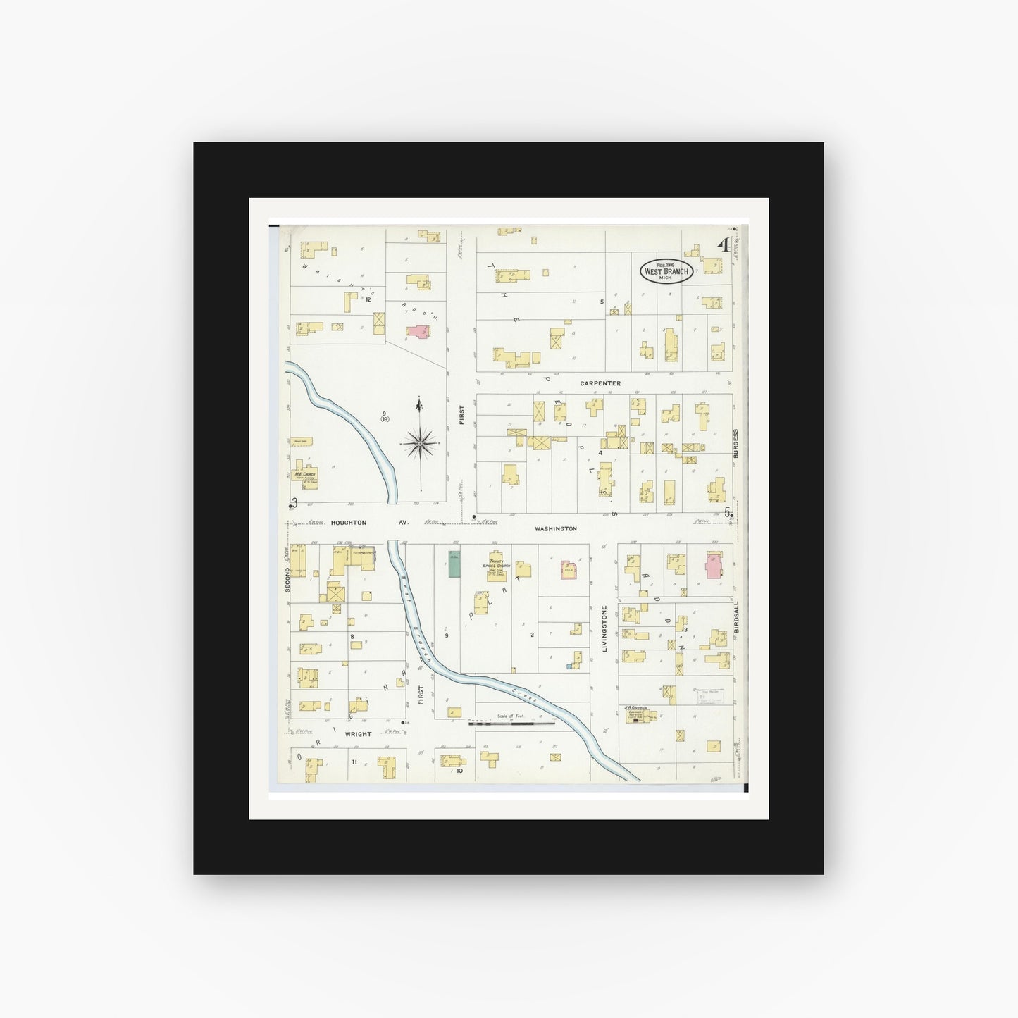 Old map wall art mockup — black gallery frame with white mat — Sanborn Fire Insurance Map from West Branch, Ogemaw County, Michigan (1909), Sheet #0004