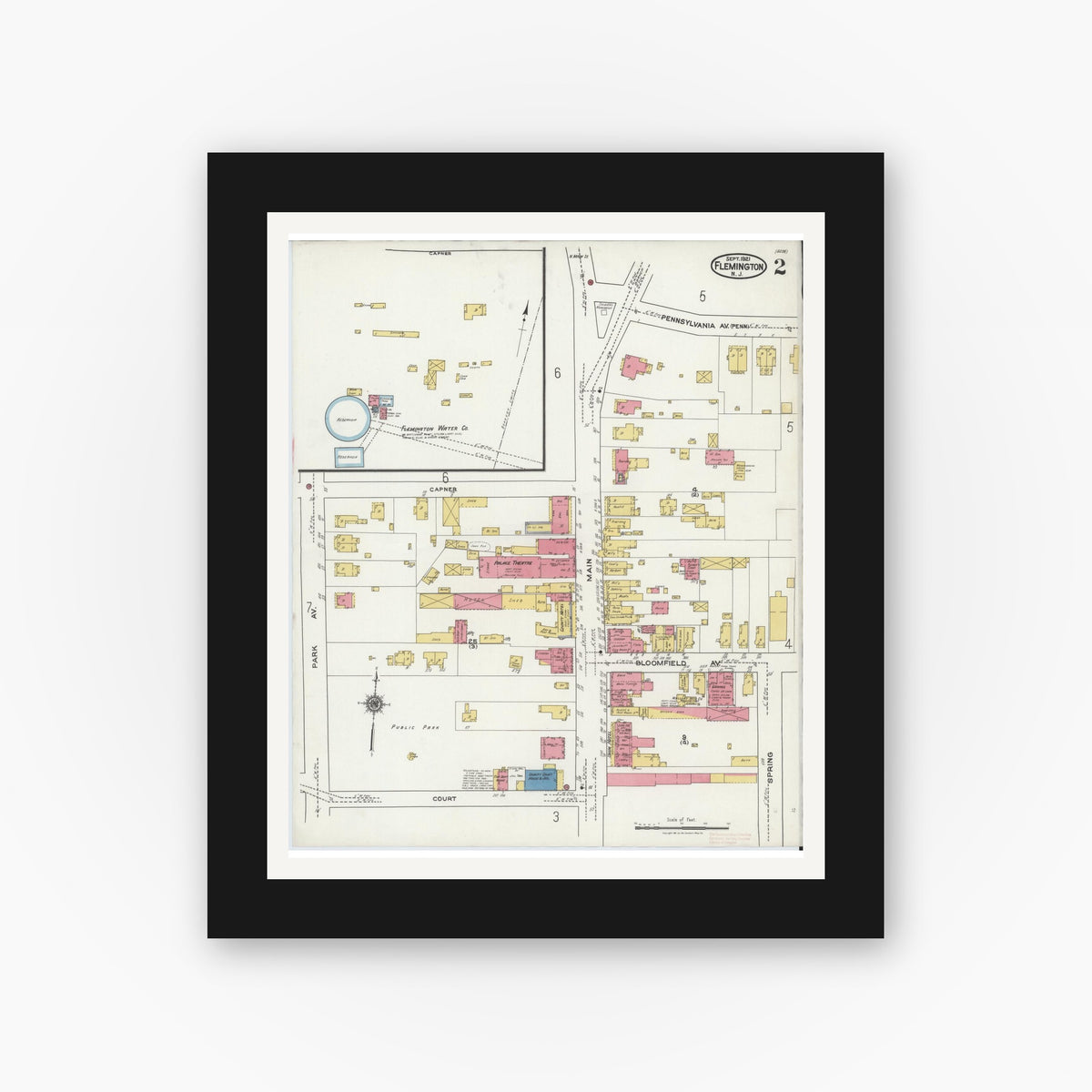 Old map wall art mockup — black gallery frame with white mat — Sanborn Fire Insurance Map from Flemington, Hunterdon County, New Jersey (1921), Sheet #0002