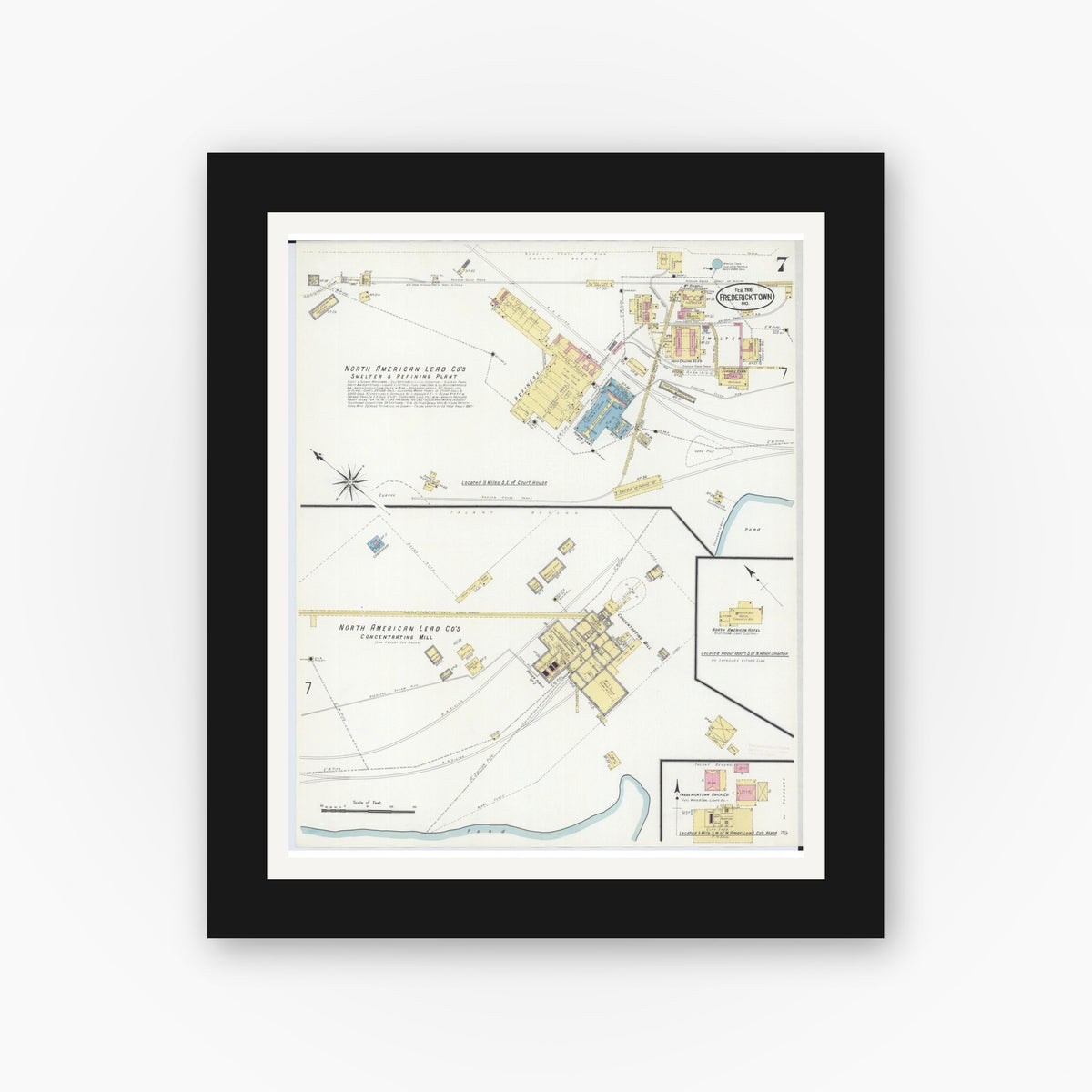 Old map wall art mockup β black gallery frame with white mat β Sanborn Fire Insurance Map from Fredericktown, Madison County, Missouri (1908), Sheet #0007