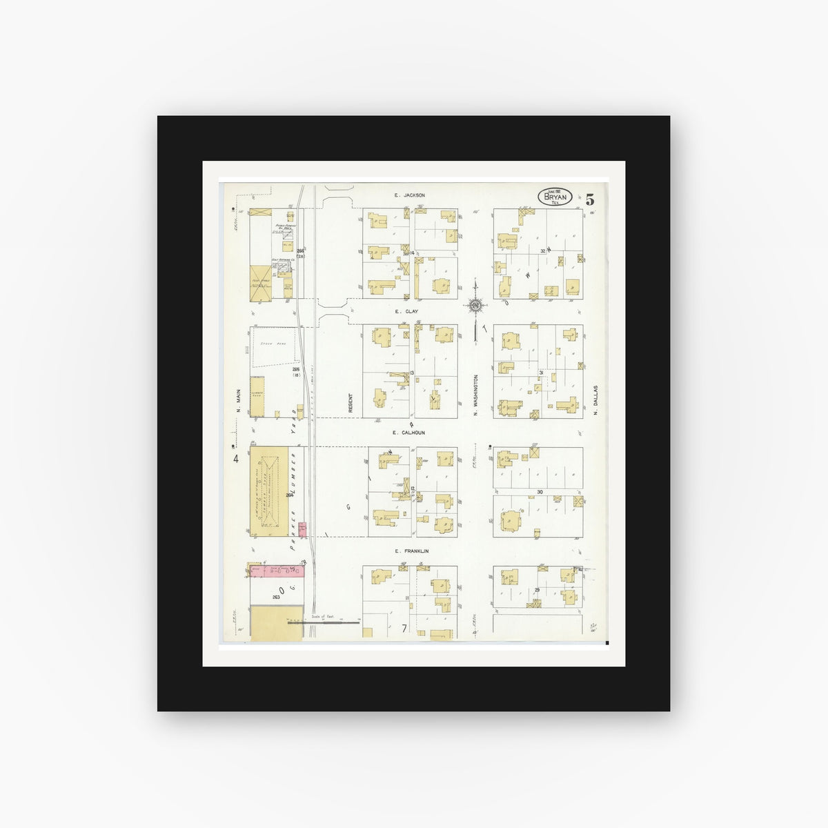 Old map wall art mockup — black gallery frame with white mat — Sanborn Fire Insurance Map from Bryan, Brazos County, Texas (1912), Sheet #0005